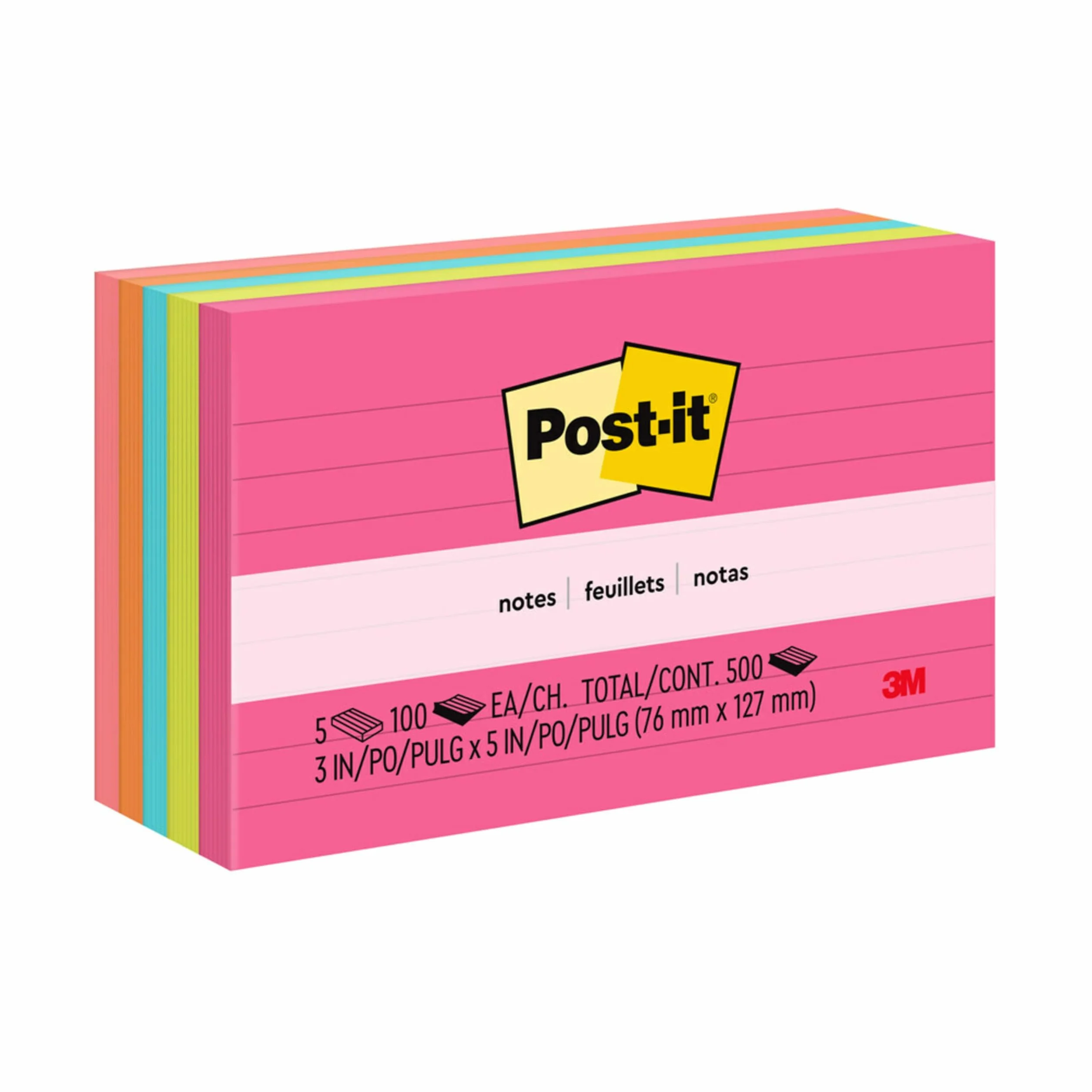Post-It Colori Assortiti a Righe 76 mm x 127 mm 100 Fogli 5 Blocchetti