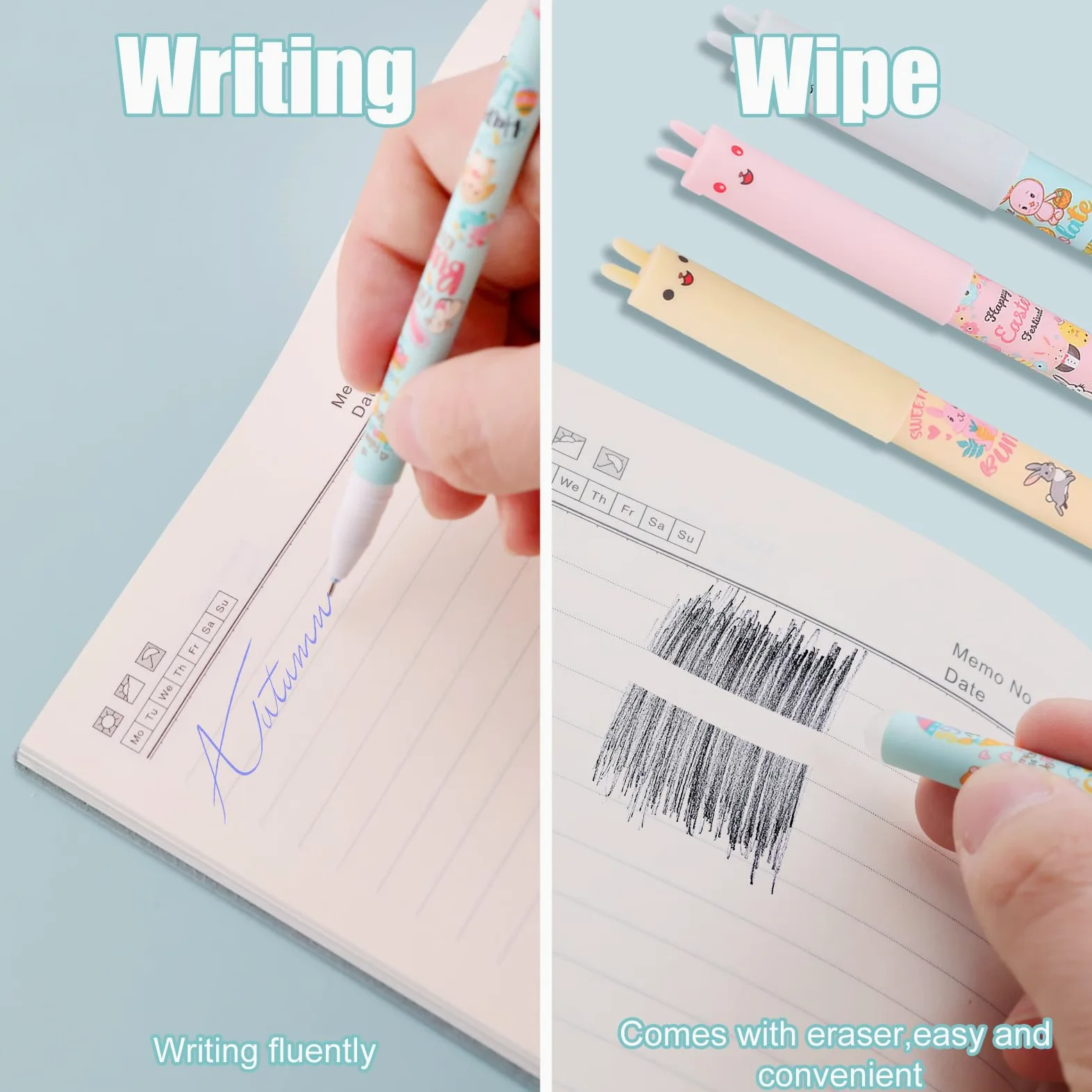 Confezione da 3 penne cancellabili a forma di coniglietto pasquale con inchiostro gel e gomma, inchiostro sensibile al calore, design carino a forma di animale, per la scuola e regali di