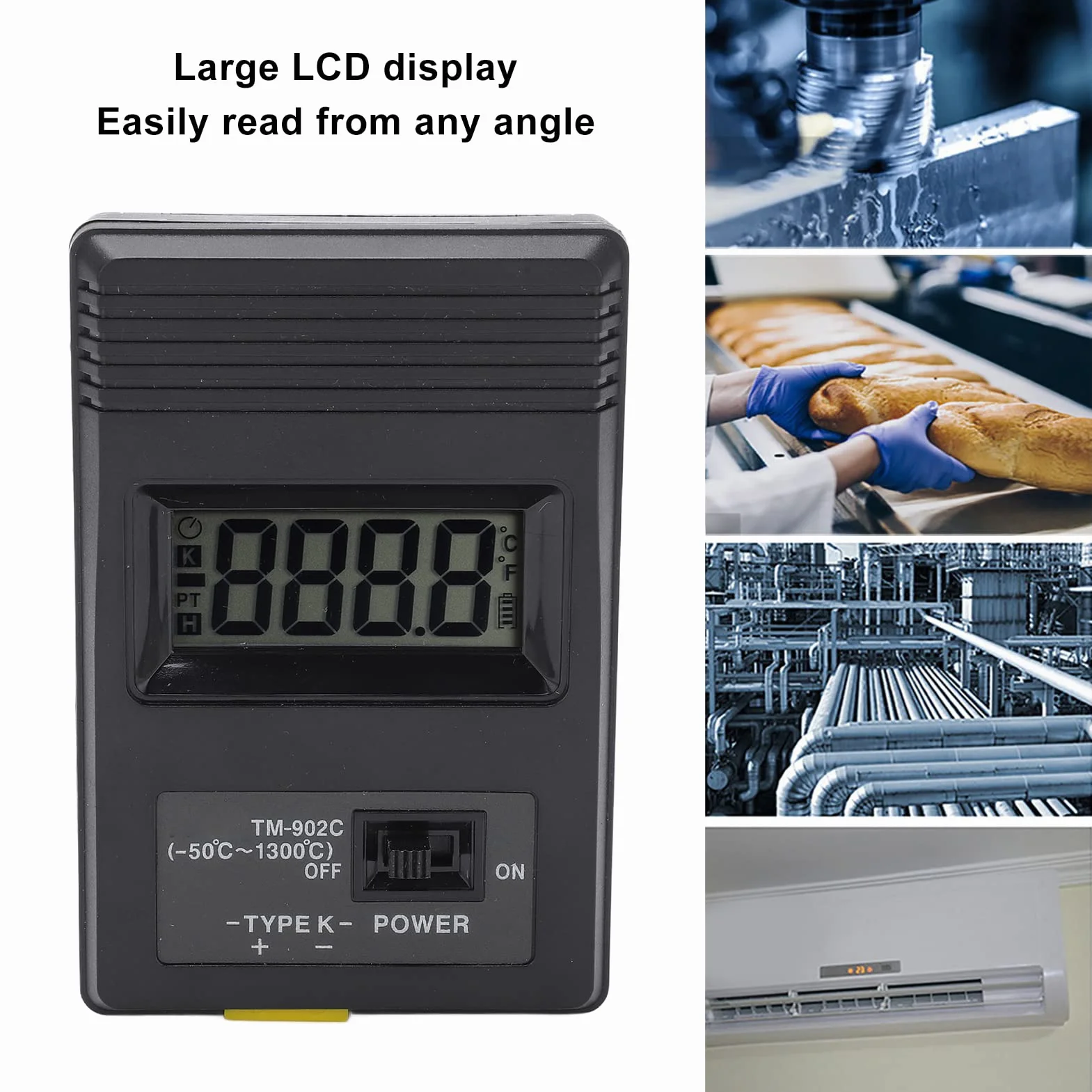 Termometro Digitale a Termocoppia Tipo K con Sonda, Display LCD Industriale per Gas e Liquidi