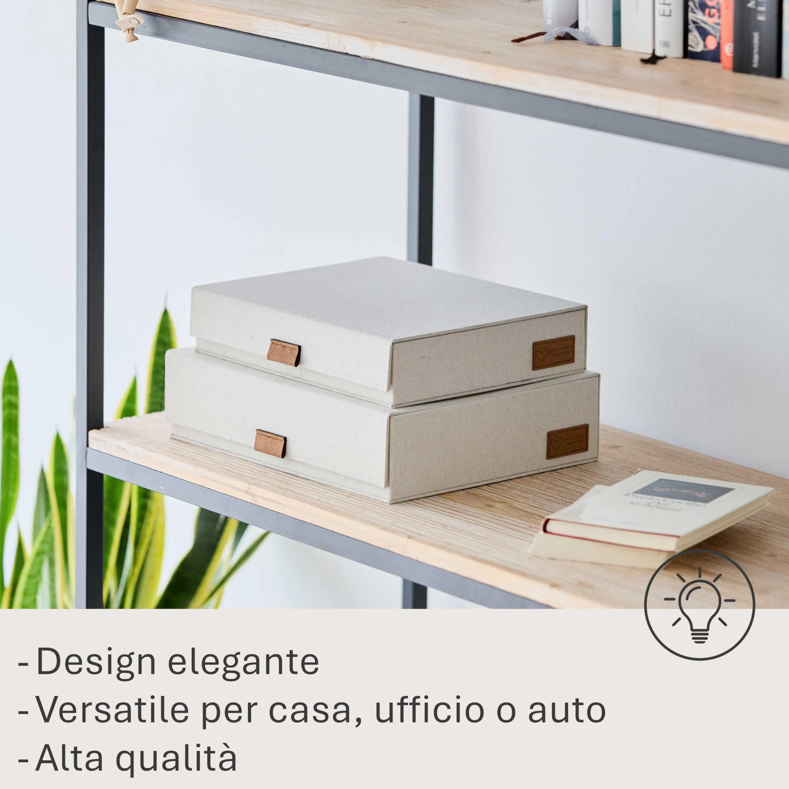 LOVE IT STORE IT - Premium - Scatola con coperchio, set di 2, portadocumenti A4, coperchio in lino, chiusura magnetica 28x23x6 cm & 31x25x8 cm