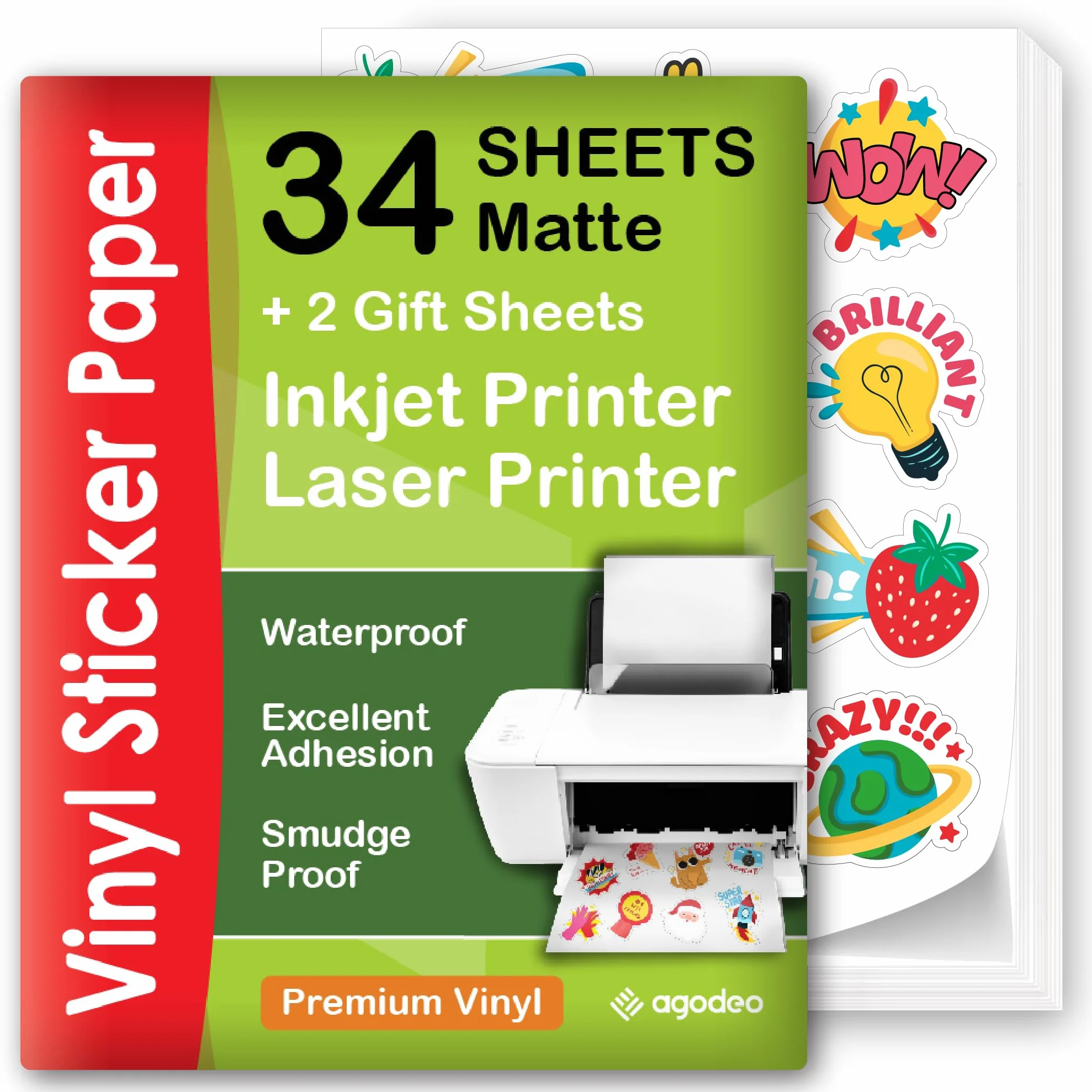 AgoDeo Carta adesiva vinile stampabile A4 opaca impermeabile laser getto d'inchiostro 34 fogli