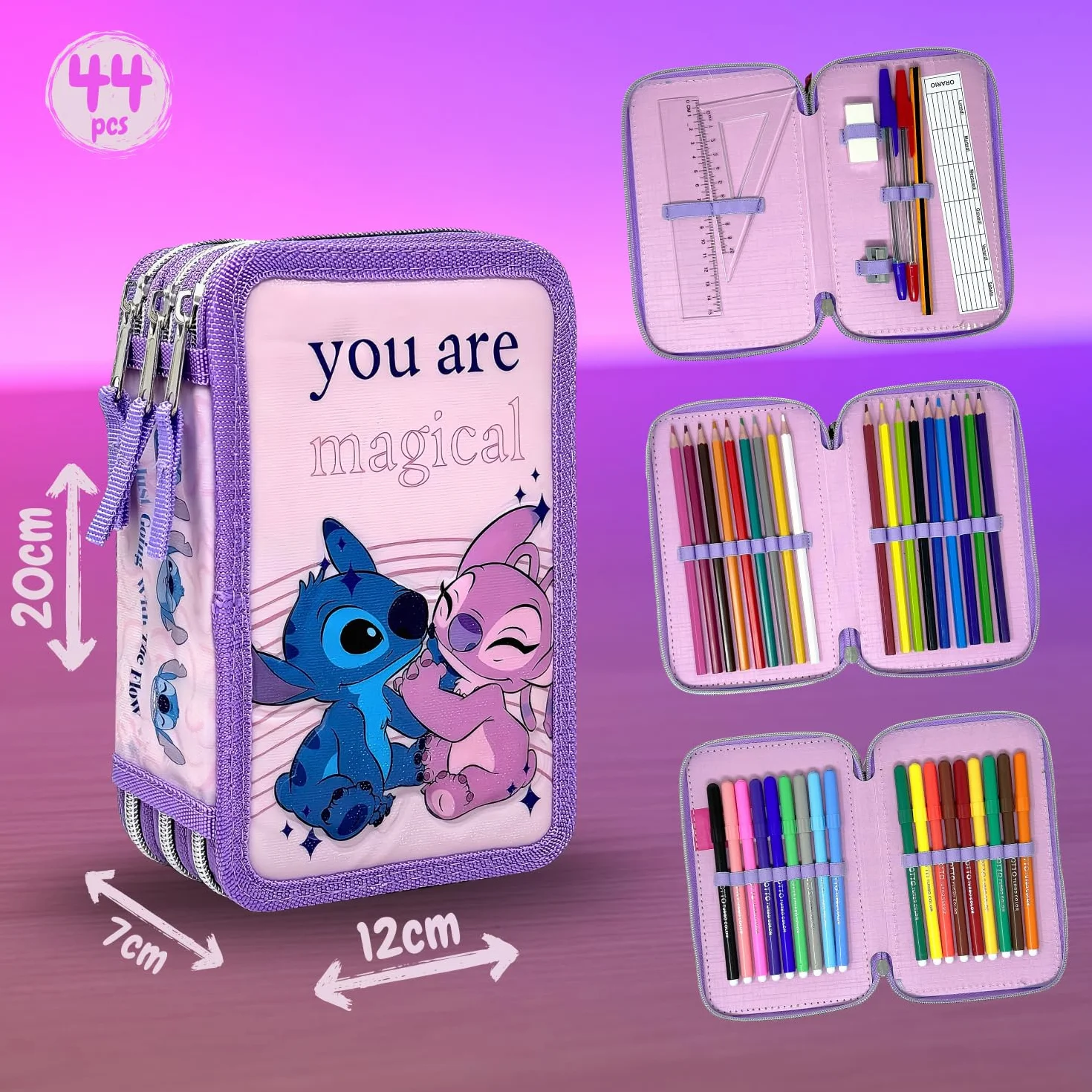 Clondo Astuccio 3 Scomparti 3D Bambini Stitch Angel Fan 44 Accessori Scuola Elementare 20 cm