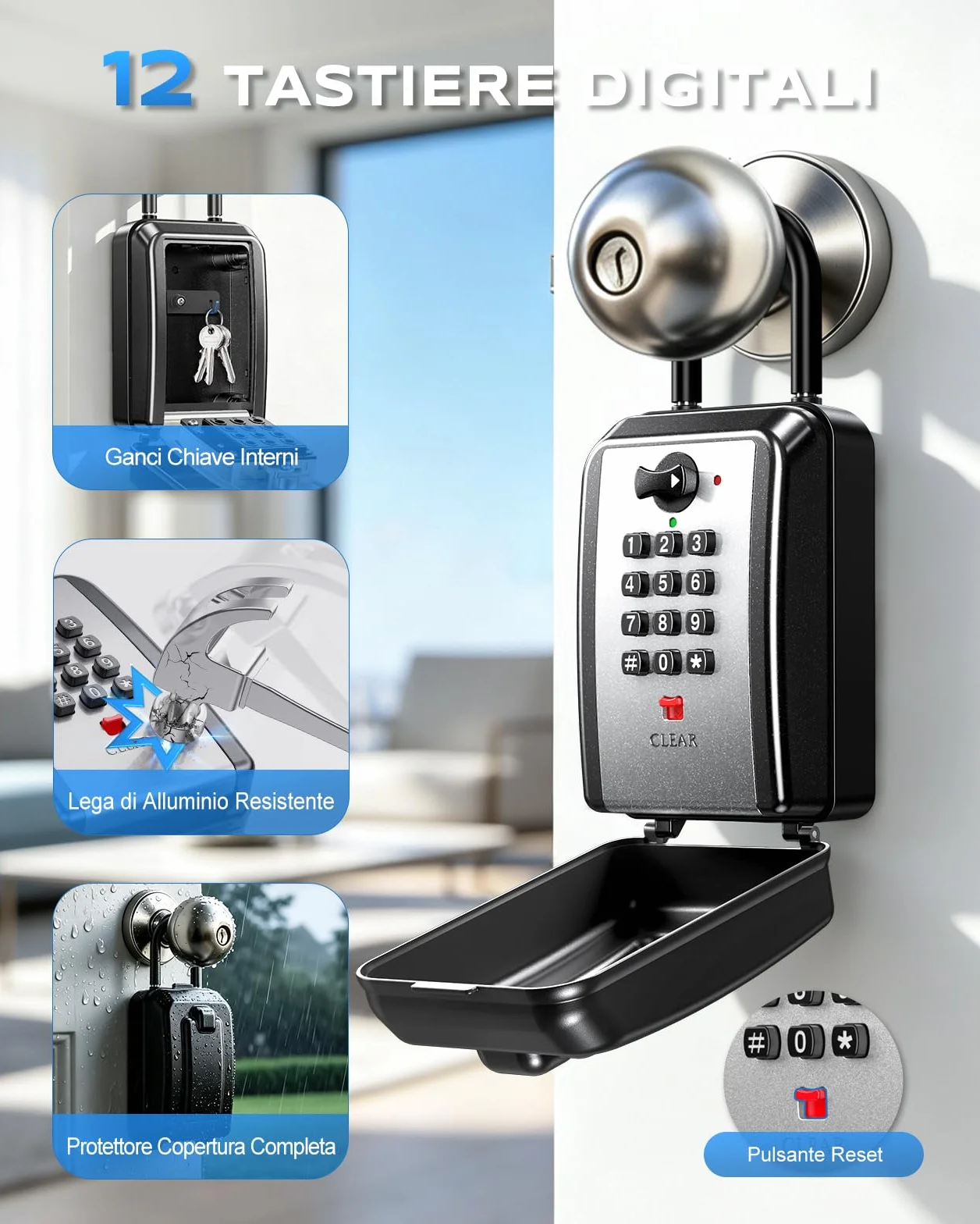 Mohard Cassetta Chiavi Codice con Gancio, Key Box 12 Cifre Combinazione, Locker Chiavi Password Ripristinabile, Resistente Cassetta Sicurezza Portachiavi DIY Cassaforte per Casa/Ufficio/Garage