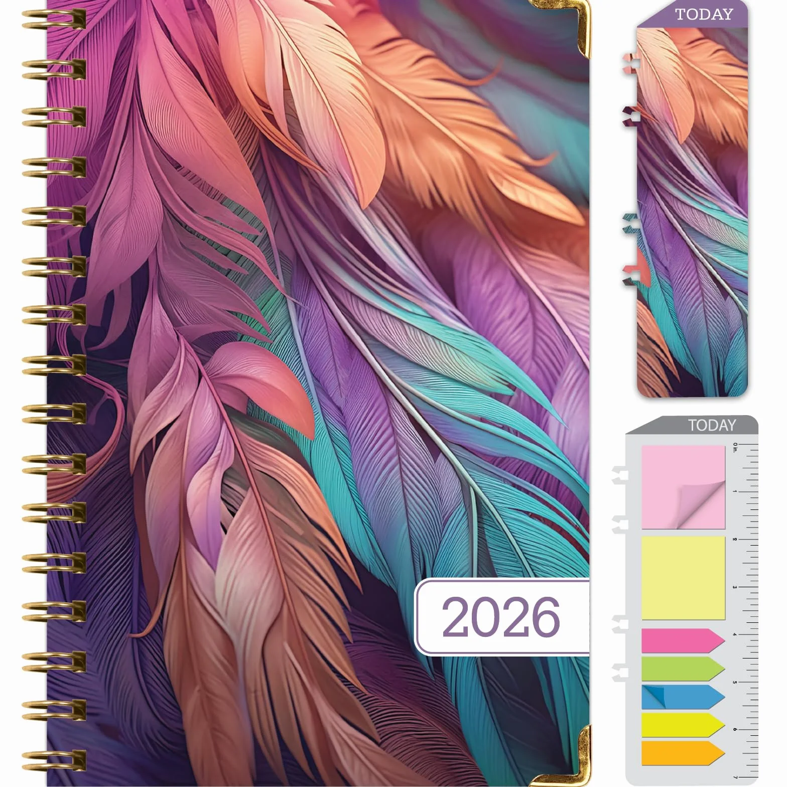 Hardcover, agenda 2026, 14 x 20,3 cm, 14 mesi (novembre 2025 - dicembre 2026), agenda giornaliera settimanale, mensile, agenda annuale, segnalibro, cartella tascabile e set di note adesive (pavone