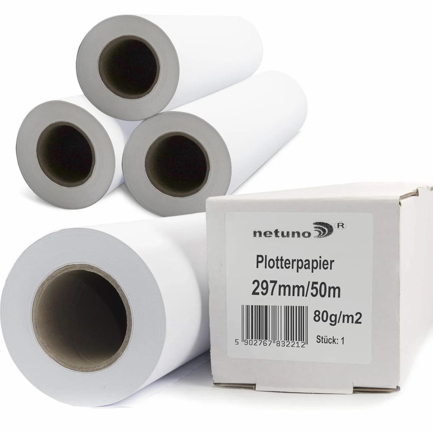 Netuno 4 rotoli carta plotter bianca 297 mm x 50 m 80 g/m² anima 50 mm carta per plotter professionale formato grande opaca multifunzionale per stampe CAD mappe prospetti disegno stampa inkjet
