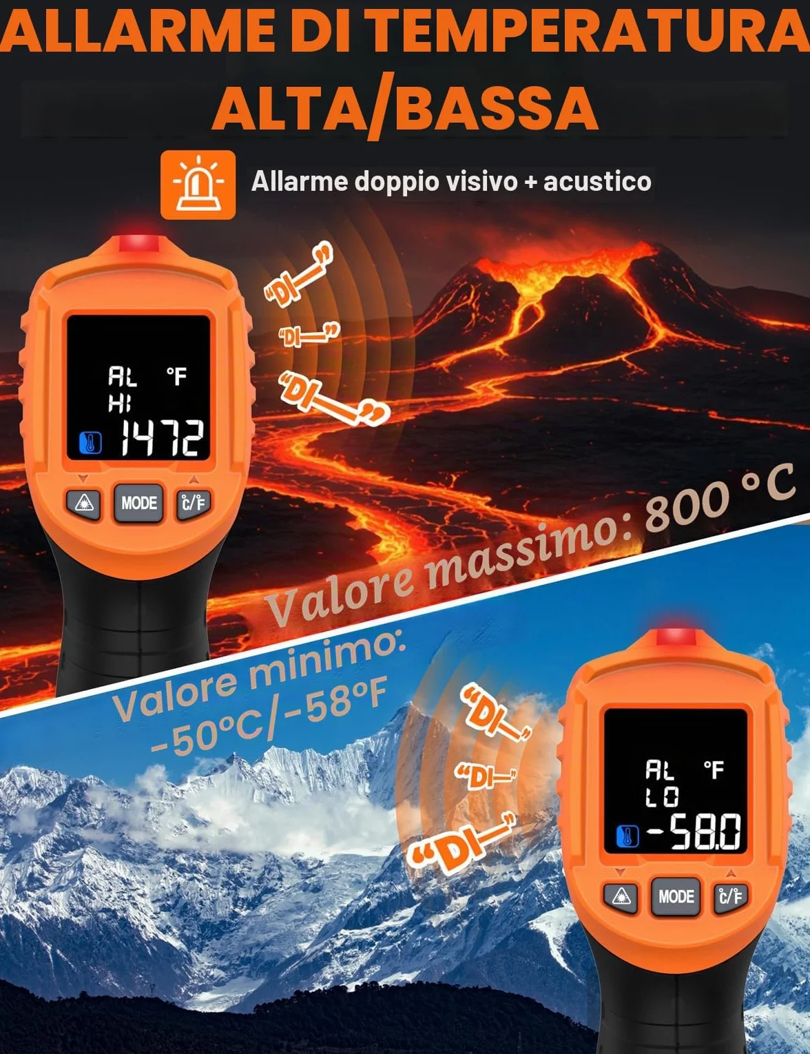 Termometro Infrarossi POROMETISTO 4 in 1, -50°C～800°C, Rilevamento Umidità, K-Sonda, Laser IR Pirometro Digitale