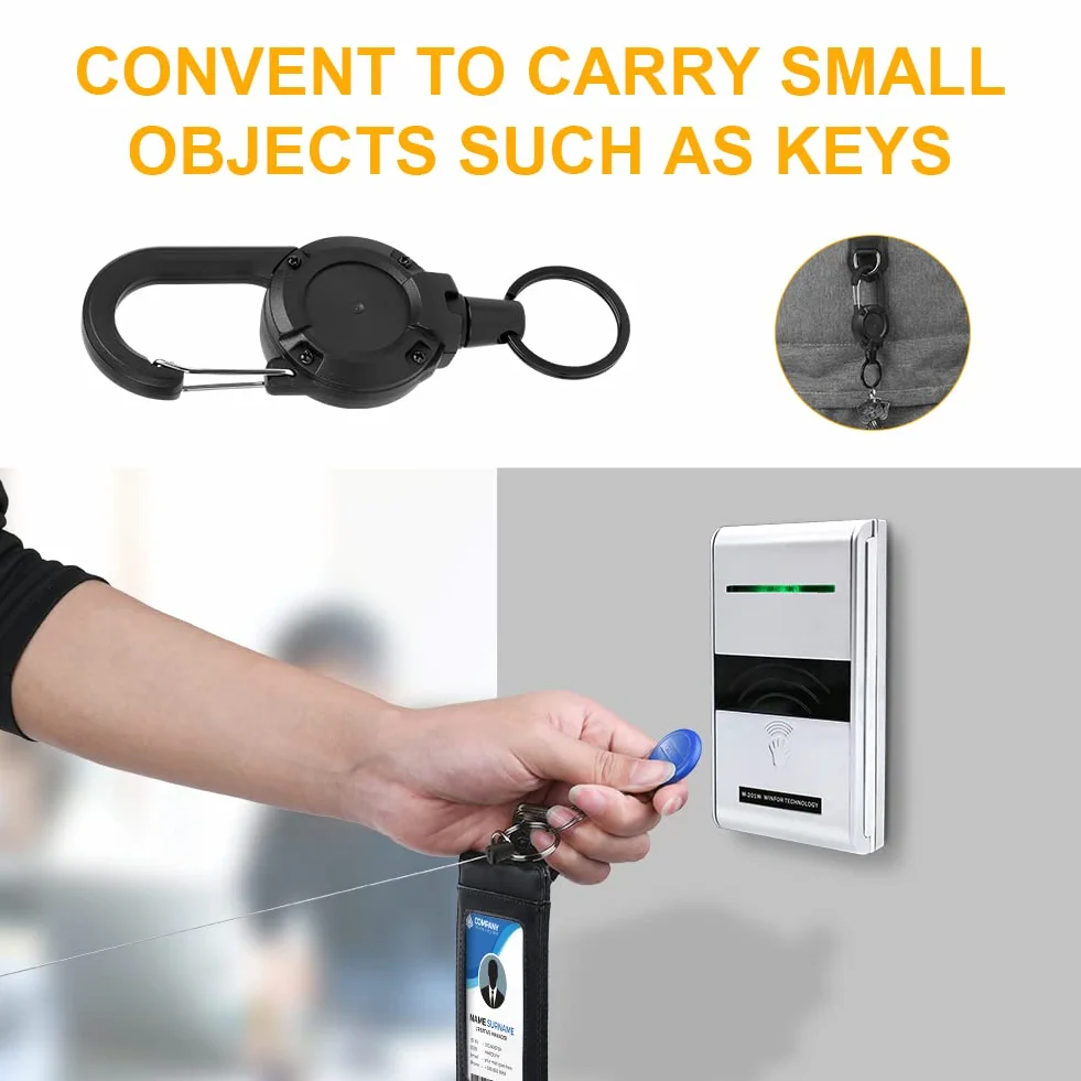 Portachiavi Retrattile Vicloon 2 Pezzi Clip a Bobina Allungabile con Cavo Acciaio 60cm Nero