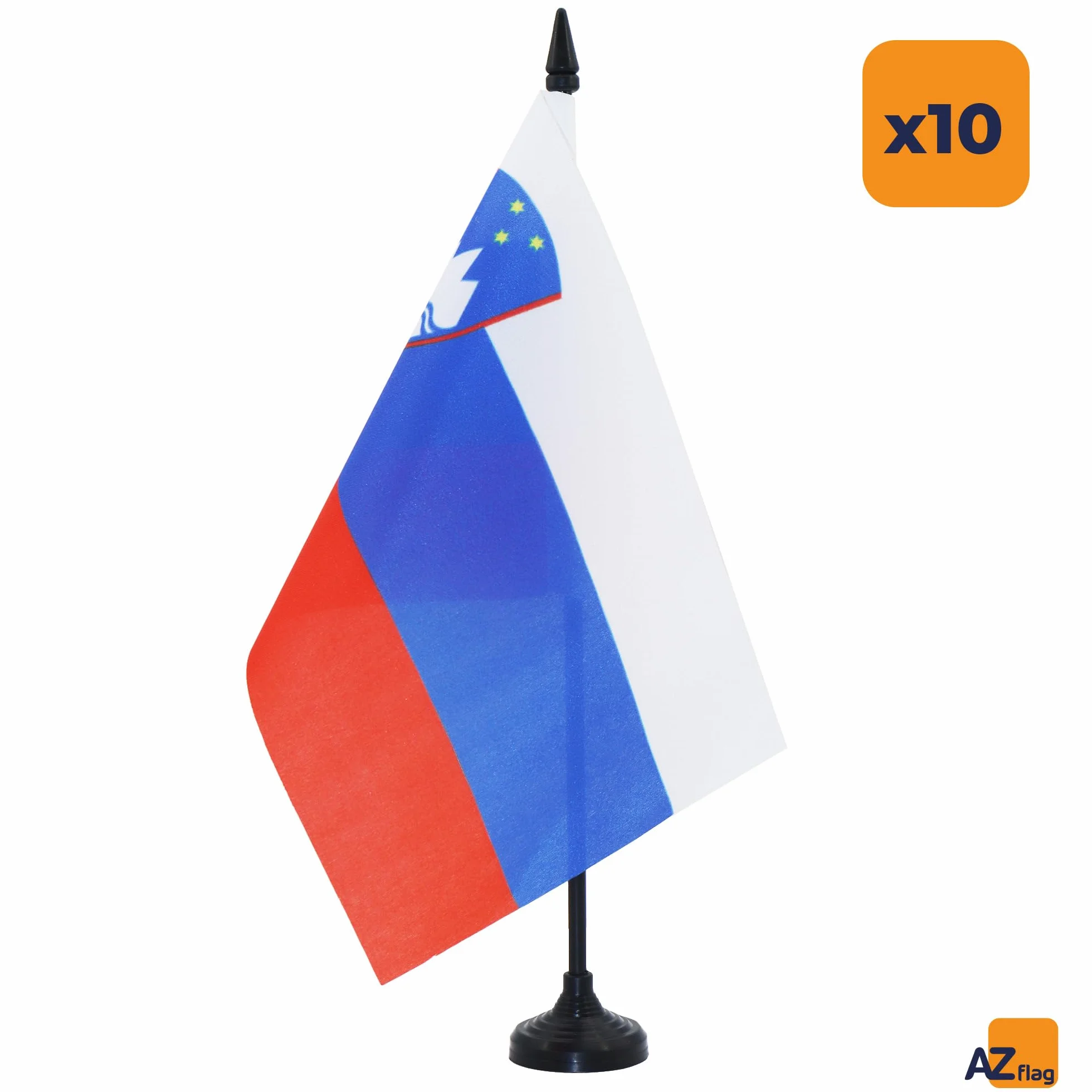 AZ FLAG - Set di 10 bandiere da tavolo Slovenia, 21 x 14 cm, 10 piccole bandiere slovene da ufficio, 100% poliestere, con asta da 25 cm, base in plastica nera