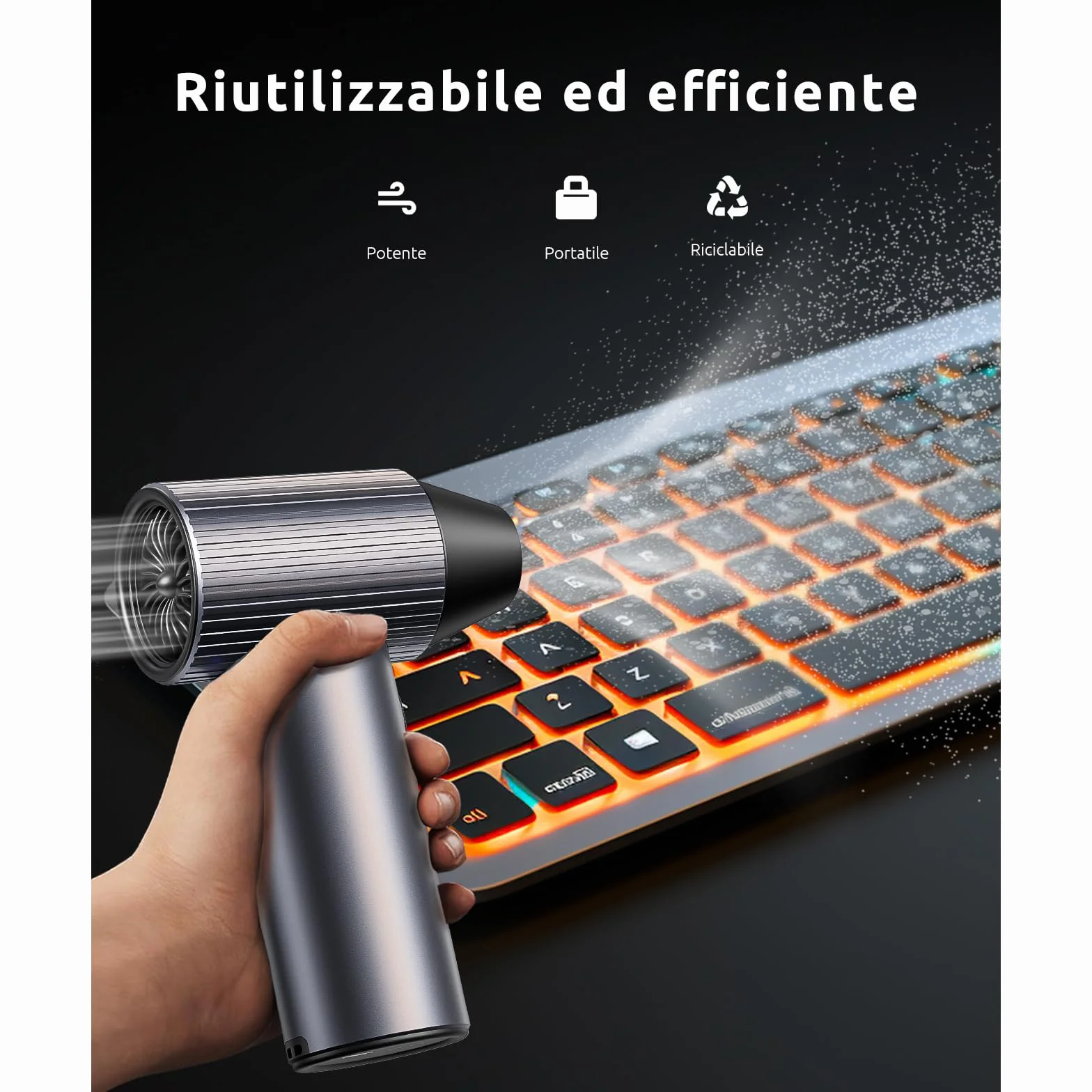 300000RPM Soffiatore Aria Compressa in Metallo - Mini Soffiatore a Batteria con 3 Velocità Regolabili e 4 Ugelli - Senza Fili e Ricaricabile - High-Power Air Duster per Auto/Casa/Ufficio/Camping