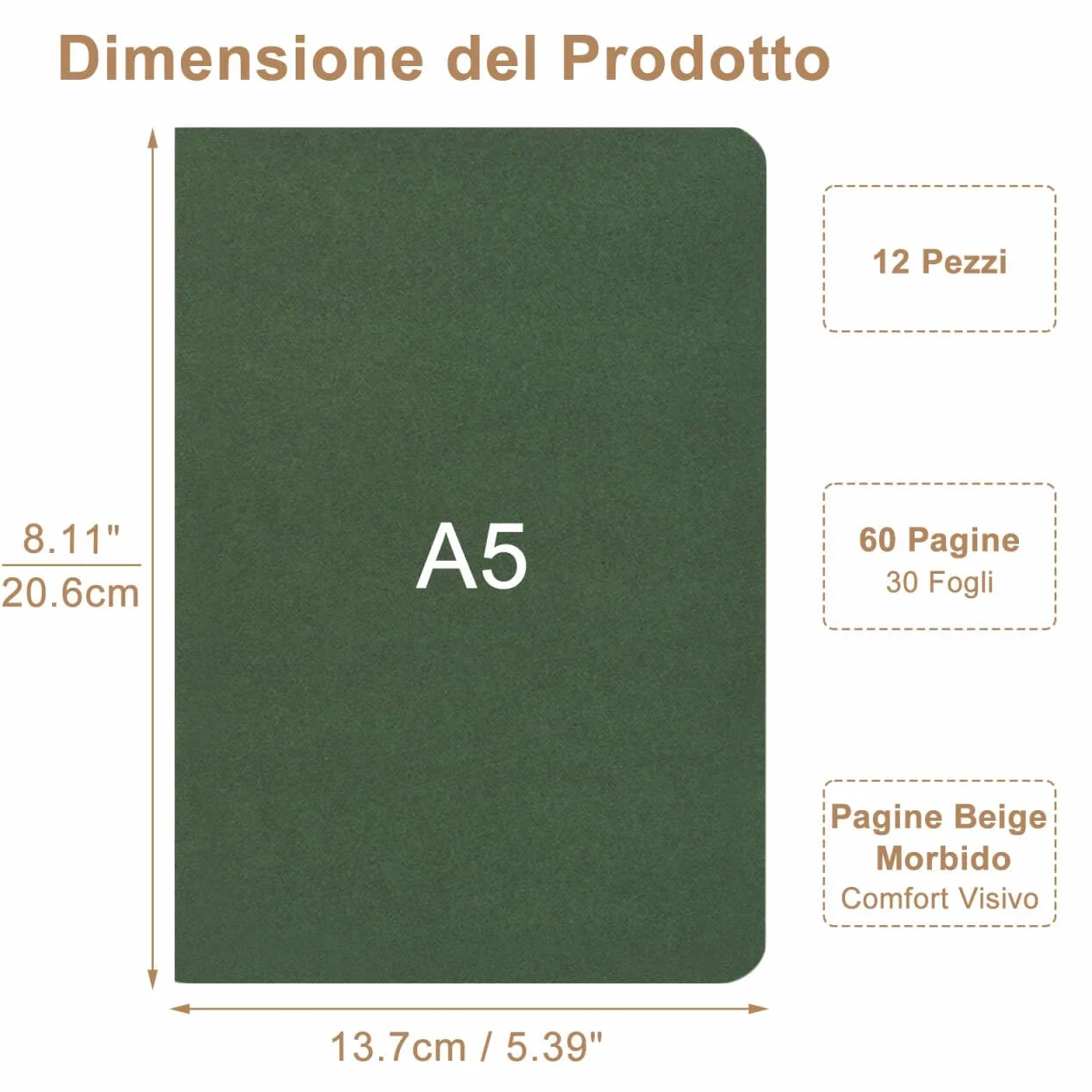 Quaderni A5 a Righe Copertina Kraft Verde Foresta 12 Pezzi 30 Fogli Taccuini