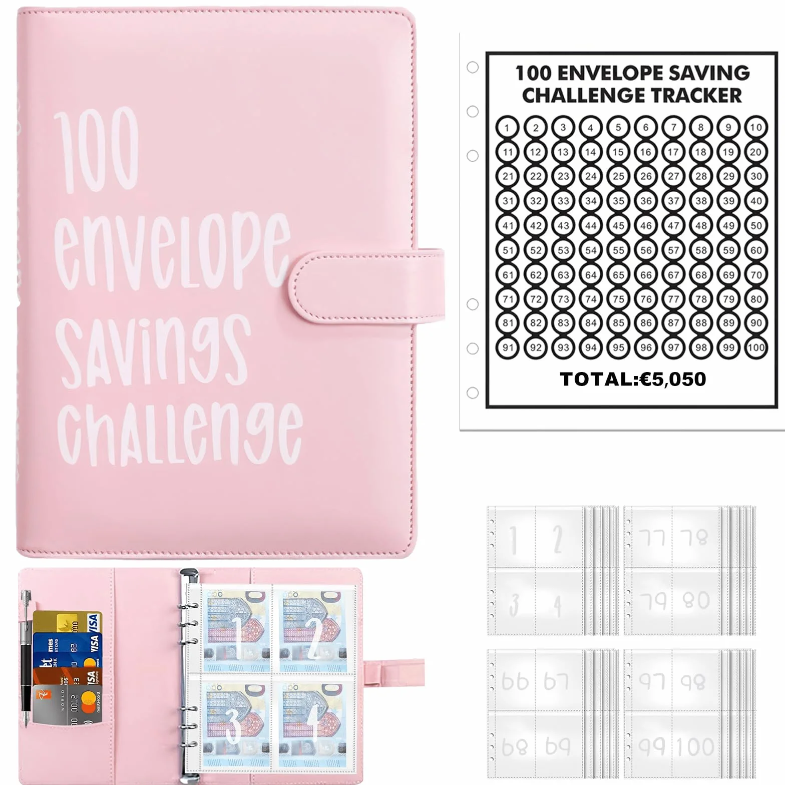 100 Envelope Savings Challenge Binder, A5 Libro Del Risparmio, Risparmia € 5050, Budget Planner, Rosa