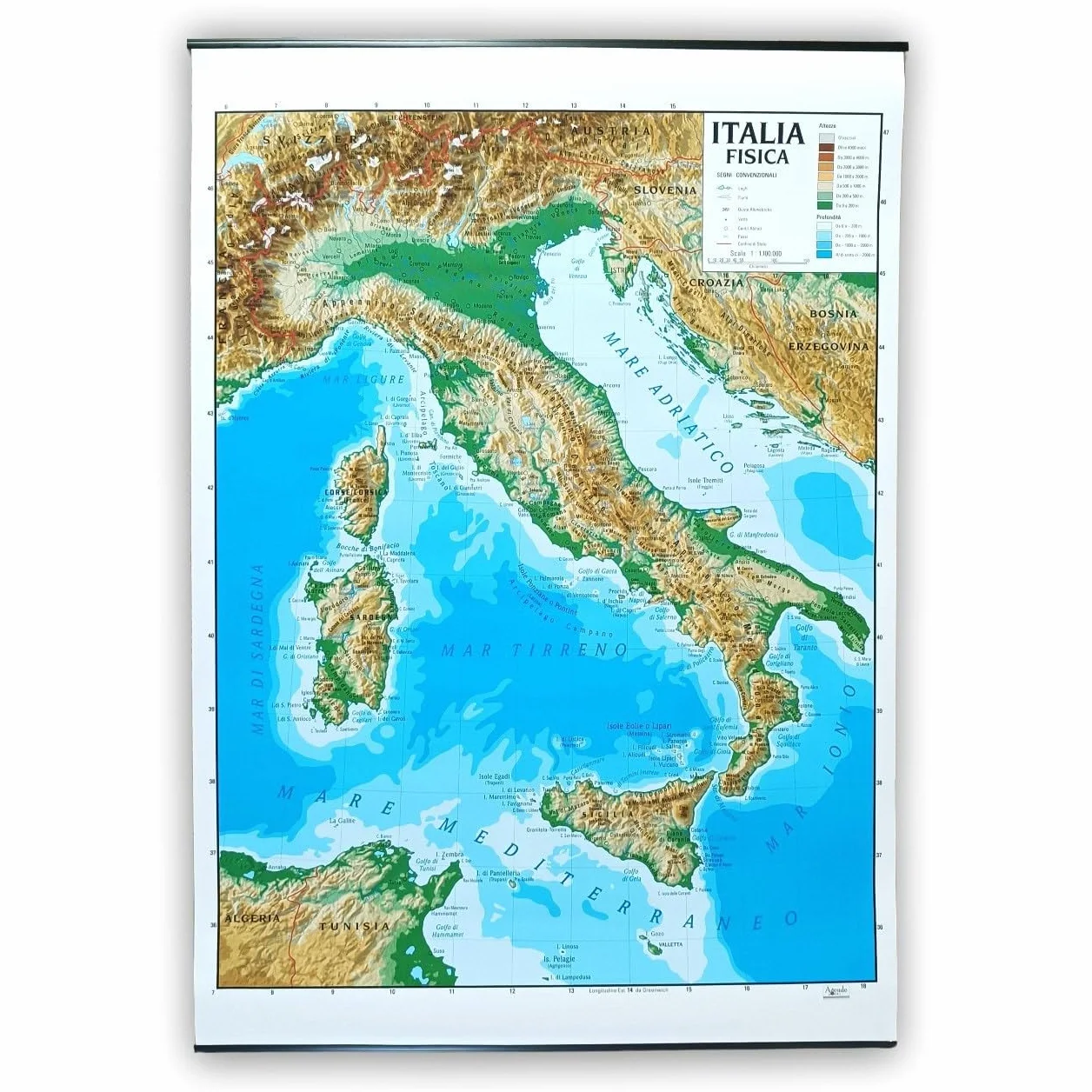 Carta Geografica Murale Italia Bifacciale Fisica Politica 100x140 cm Plastificata Scala 1:1.100.000