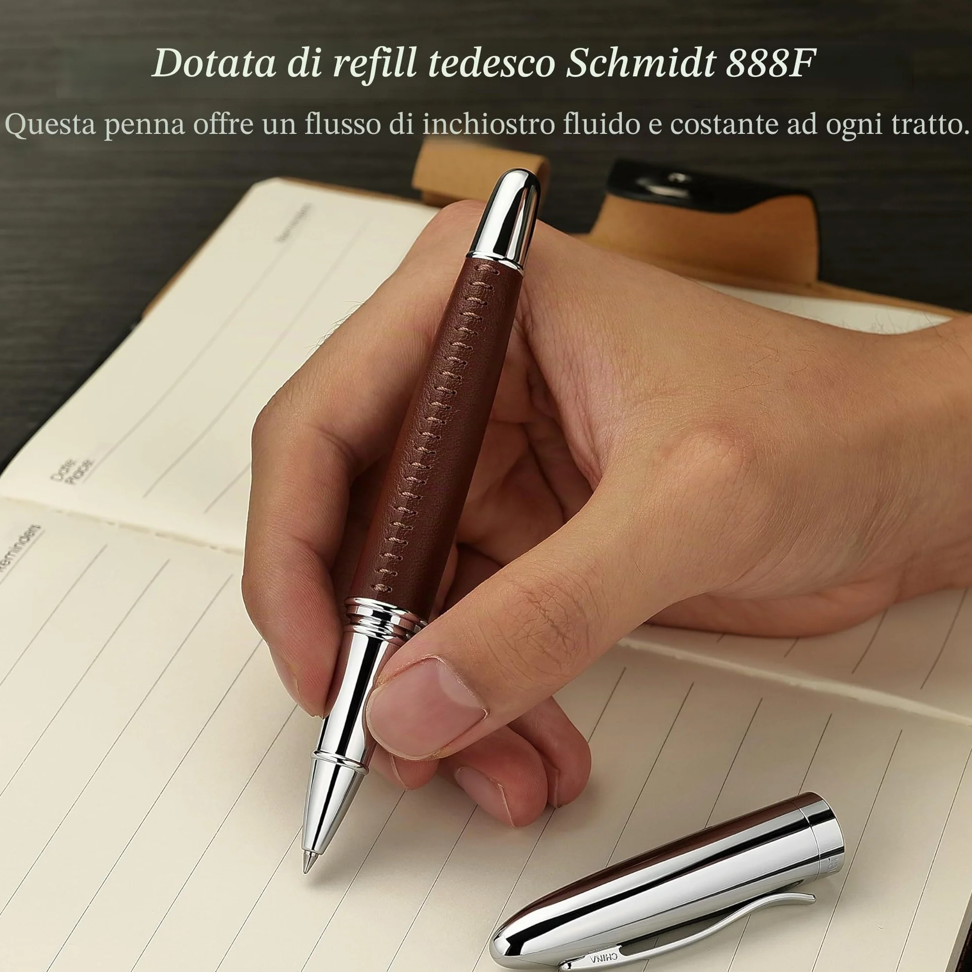 BEILUNER 318 Penna Rollerball di Lusso in Pelle, Pelle Premium Cucita a Mano & Finitura Cromata, Ricambio Schmidt, Miglior Set Regalo Manageriale per Uomo e Donna, Penna Riempiibile - Marrone