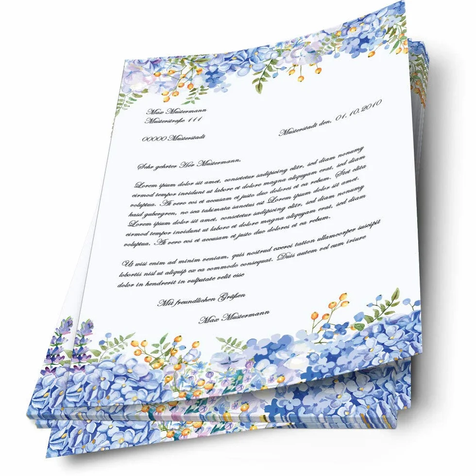 ORTENSIE BLU Carta da Lettera Decorata A4 20 Fogli
