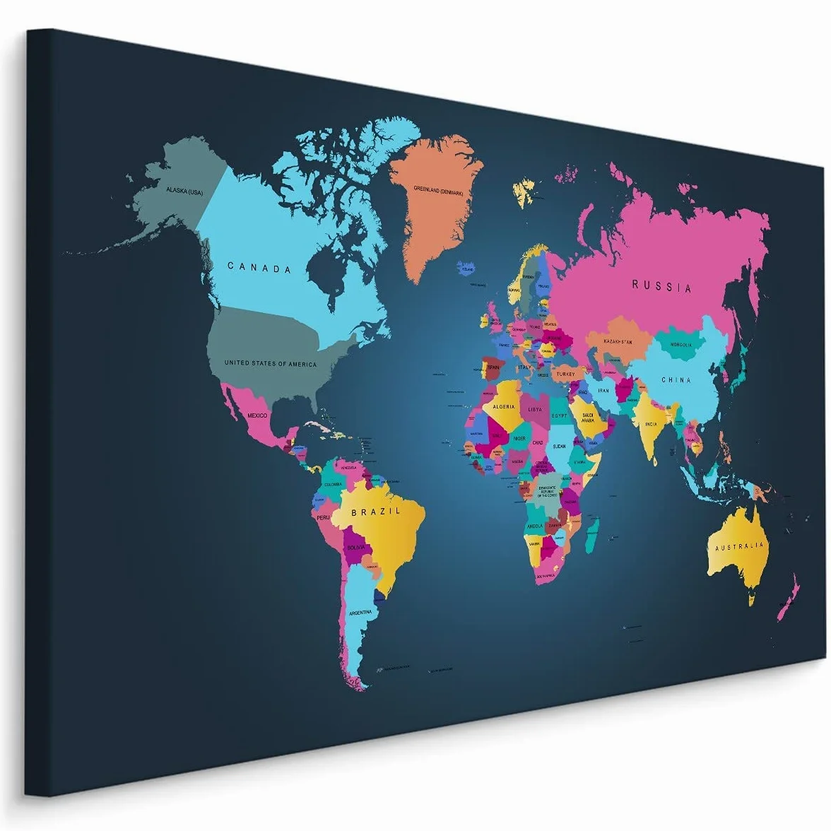 Muralo Quadro su Tela Mappa del Mondo, Continenti, Paesi - 100x70 cm | Stampa artistica su tela tesa su telaio in legno, dettagli geografici nitidi e colori resistenti, pronta da appendere,