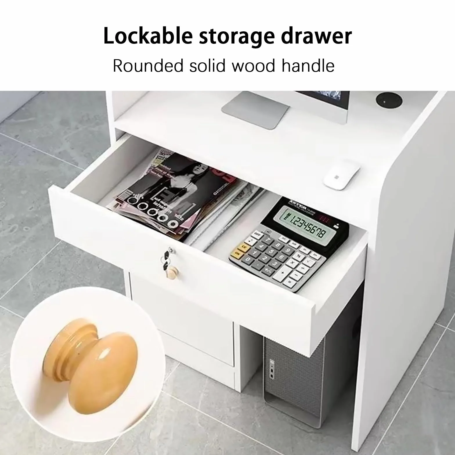 Piccolo banco reception, tavolo reception moderno, con cassetto chiudibile a chiave e armadio con anta, for salone, negozio, hotel, ufficio(White,60cm)