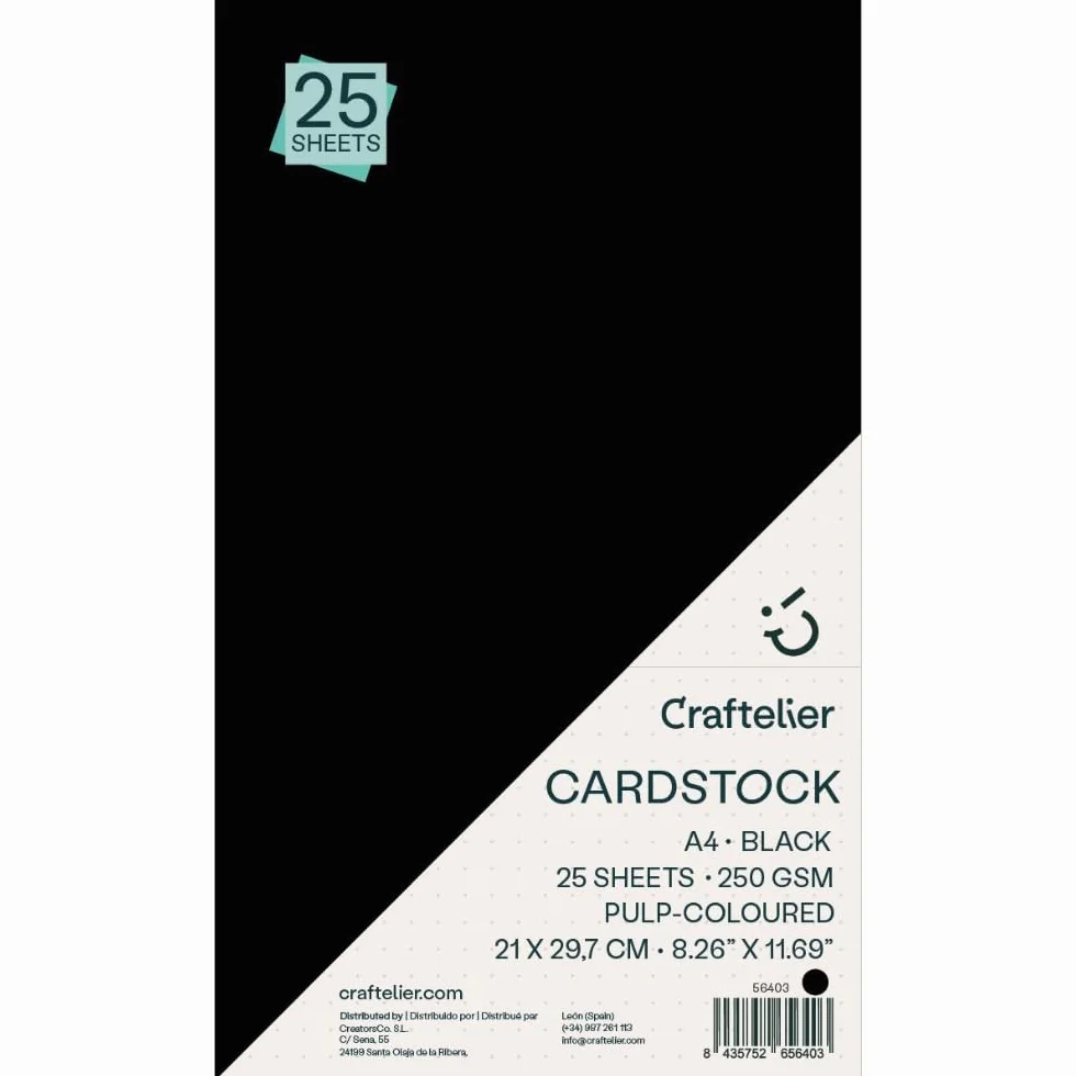 Craftelier 25 Fogli Cartoncino Nero A4 250gsm Liscio per Fustellatura, Biglietti, Scrapbooking