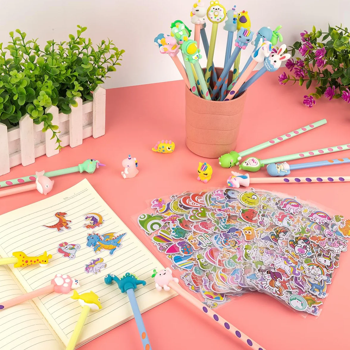 Matite Triangolare Animale 60 Set Compleanno Bambini con 30 Adesivi 3D