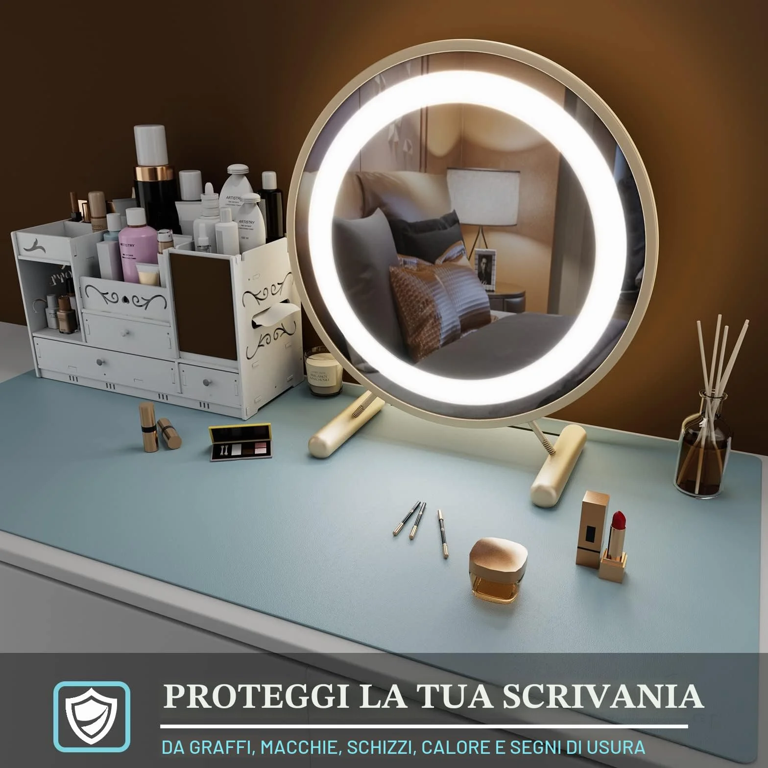 Knodel Tappetino Scrivania 80x40cm Similpelle PU Doppia Facciata Azzurro