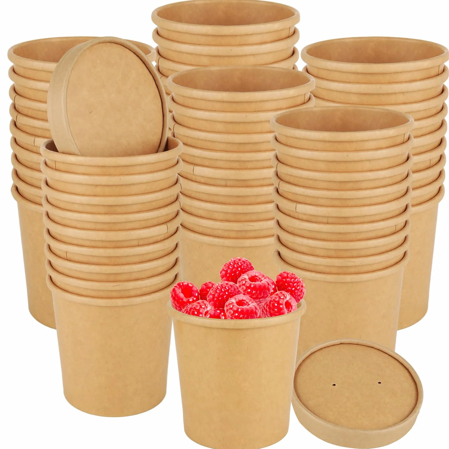 Tazze da Zuppa usa e getta Kraft 350 ml con Coperchio, Ciotole di Carta da Asporto