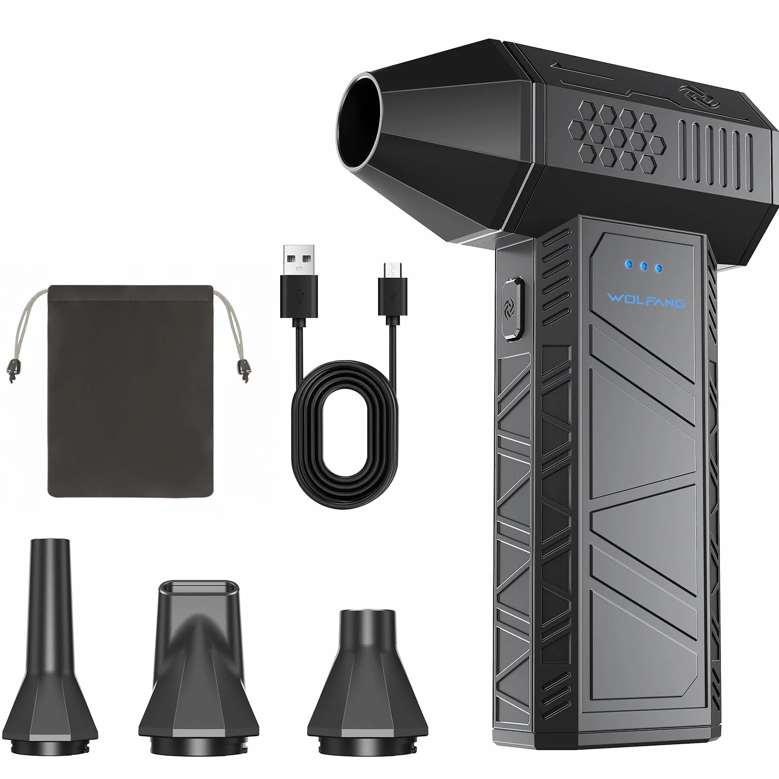 WOLFANG Soffiatore a Batteria, Aria Compressa Elettrico Rimuovi Polvere, Mini Soffiatore Portatile Ricaricabile, Soffiatore Aria Compressa Elettrico 110000 RPM con 3 Velocità