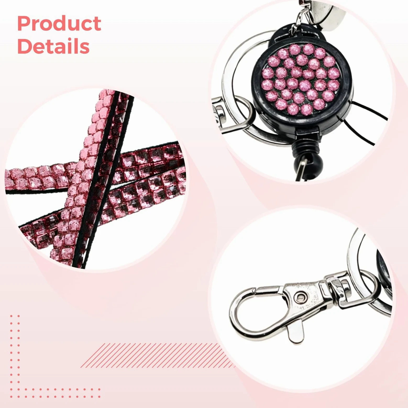 10 cordini per badge con strass, porta badge identificativo con bobina retrattile, cinghie da collo con chiusure di sicurezza e clip in metallo, cordini decorativi per carte di credito
