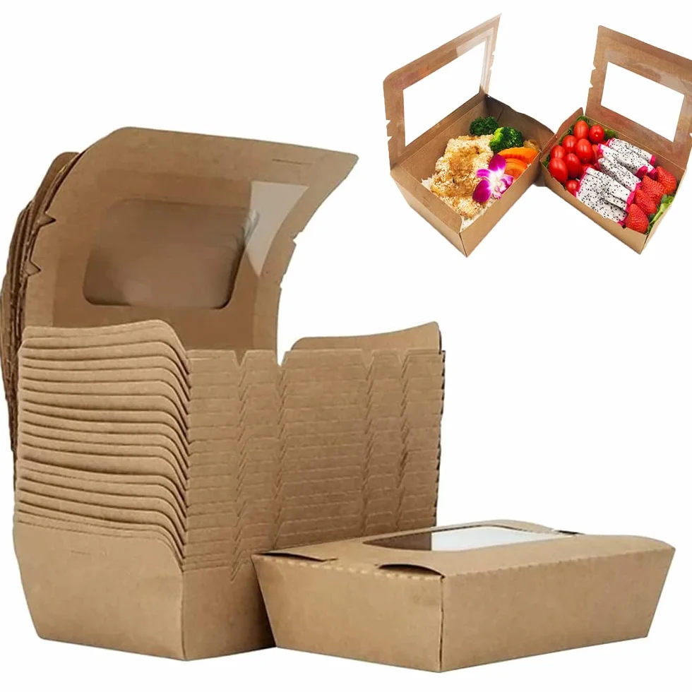 Scatola Cibo Asporto Kraft 50 Pezzi, Scatola Cartone con Finestra, Imballaggio Resistente al Calore, Marrone