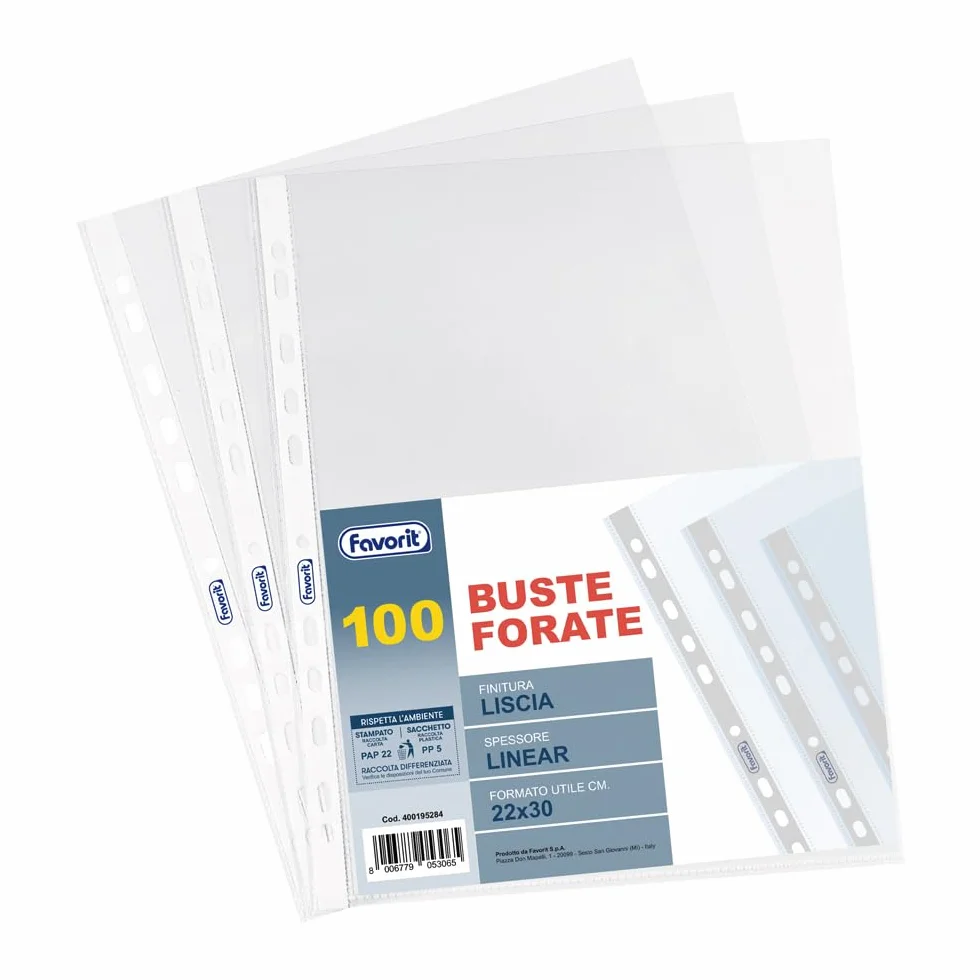 Favorit Buste Trasparenti con fori 100 Pezzi Formato Interno 22 x 30 cm