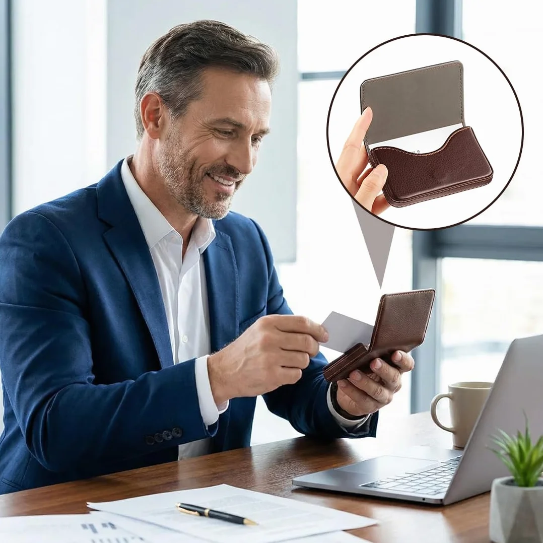 Porta Biglietti da Visita Flip-Stile in PU-Leder con Chiusura Magnetica Tascabile Marrone