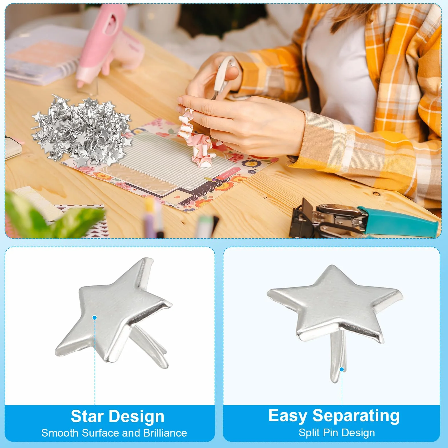 PATIKIL Fermagli per Carta Brads 200Pz Mini Fermacampioni Stella Metallo Testa Tonda Tono Argento 0,6"x0,4"