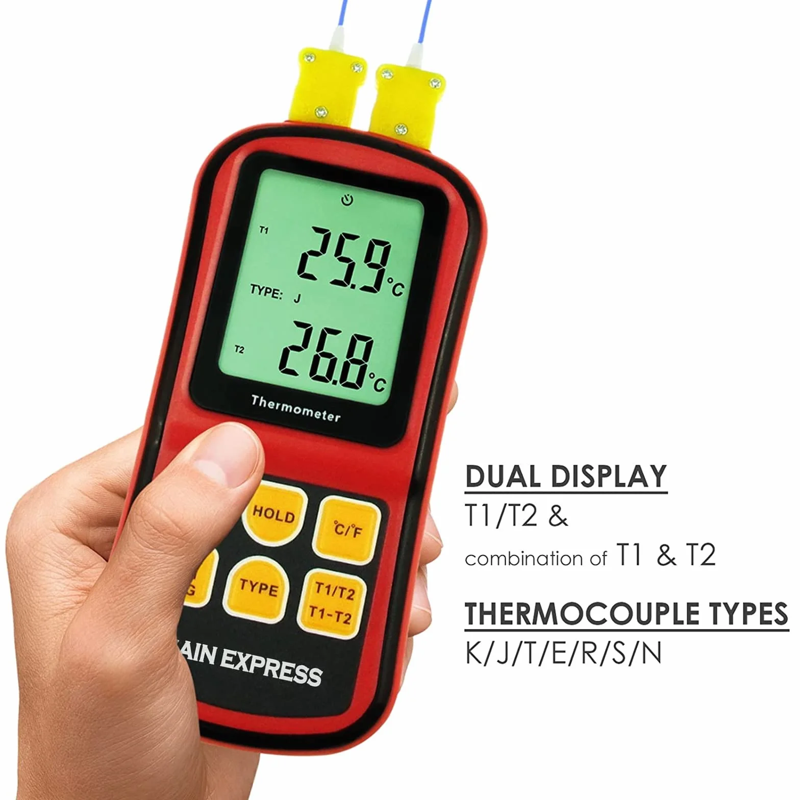 Termometro Digitale Tipo K 2 Canali Termocoppia K/J/T/E/R/S/N Misuratore Temperatura Hvac Display LCD Retroilluminato