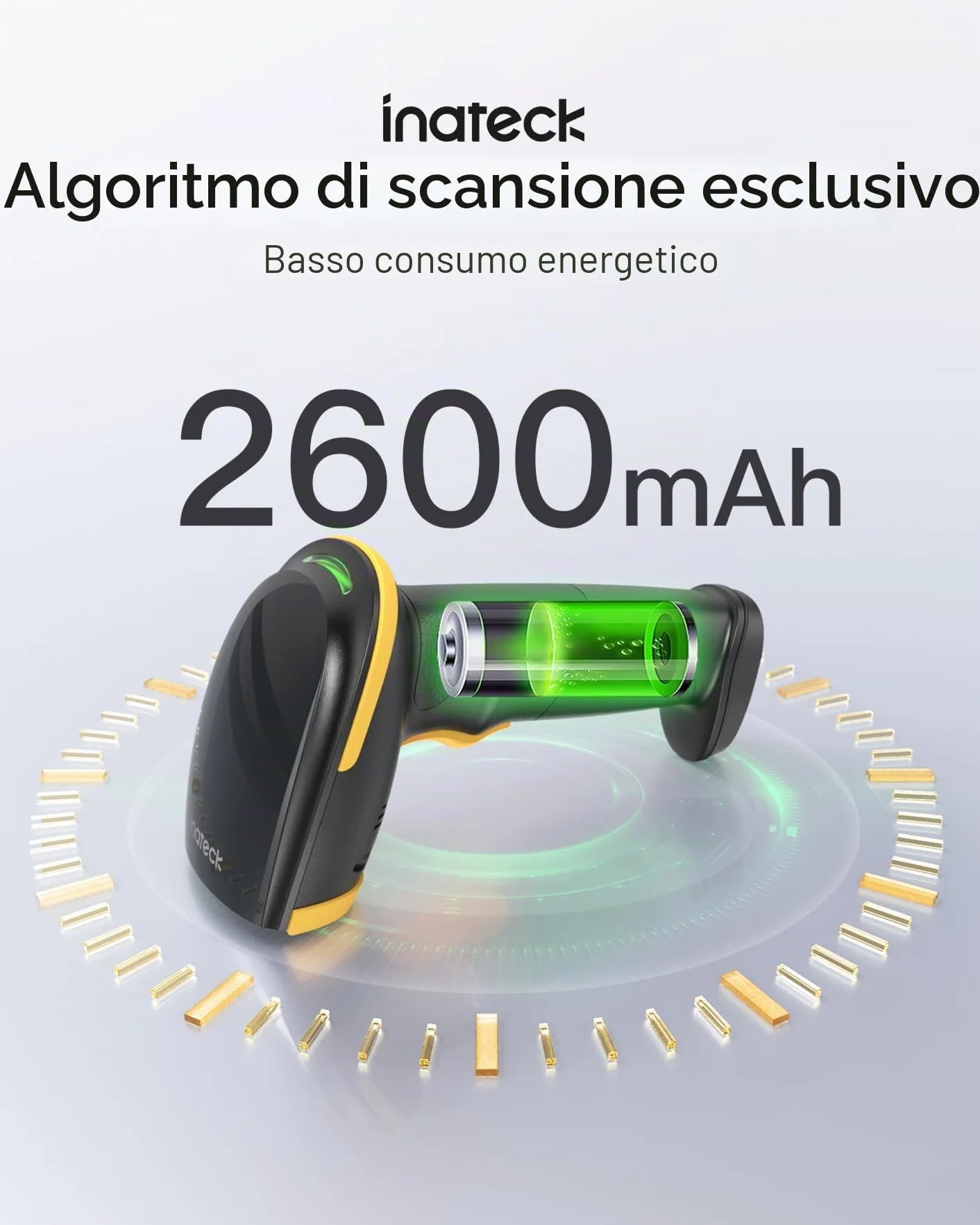 Inateck Lettore di Codici a Barre 1D 2D QR, Pistola per Codici a Barre Wireless Plug and Play, 2600mAh Batteria, Barcode Scanner con APP e SDK, Compatibile con PC Computer Android iOS iPhone, BCST-23