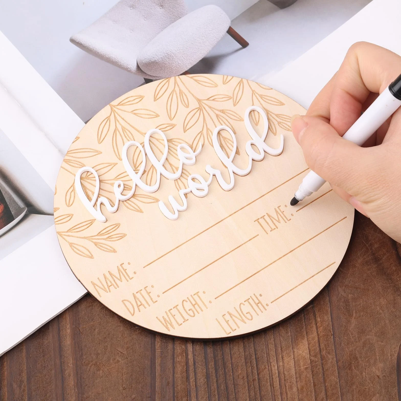 Gosknor Cartello Annuncio Nascita Legno Hello World Neonati per Oggetti di Scena Foto Baby Shower