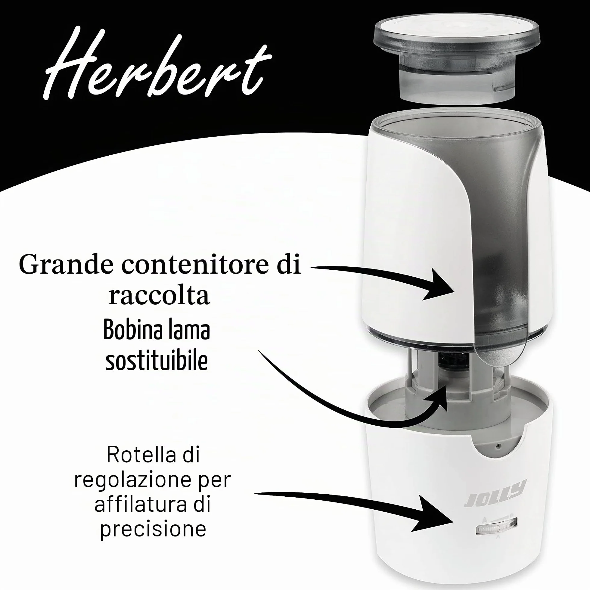 JOLLY Herbert Temperino elettrico Grande temperino elettrico per tutte le penne, anche per belle matite artistiche e matite integrali con arresto automatico bianco