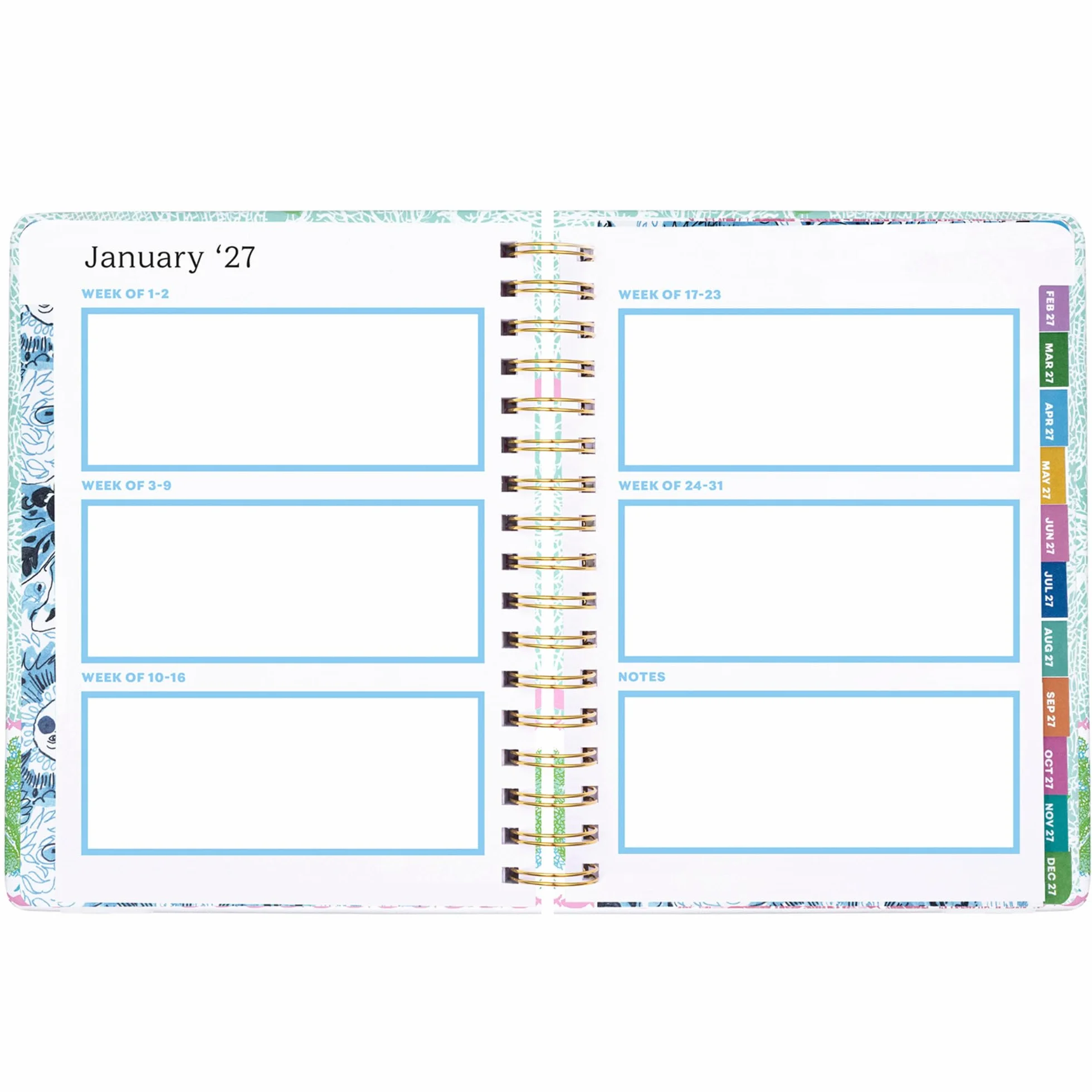 Lilly Pulitzer Grande agenda 17 mesi 17,1 x 22,5 cm, datata agosto 2026-dicembre 2027, rilegatura a spirale dorata e chiusura elastica, layout settimanali e mensili, adesivi, pagine di viaggio e