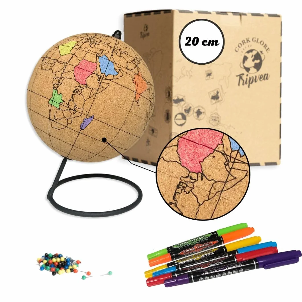 Mappamondo con Pennarello TRIPVEA® 20 cm - Tappo Vintage da Colorare - Decorazione a Tema Viaggi - Idea Regalo Originale e Creativa per gli Appassionati di Geografia