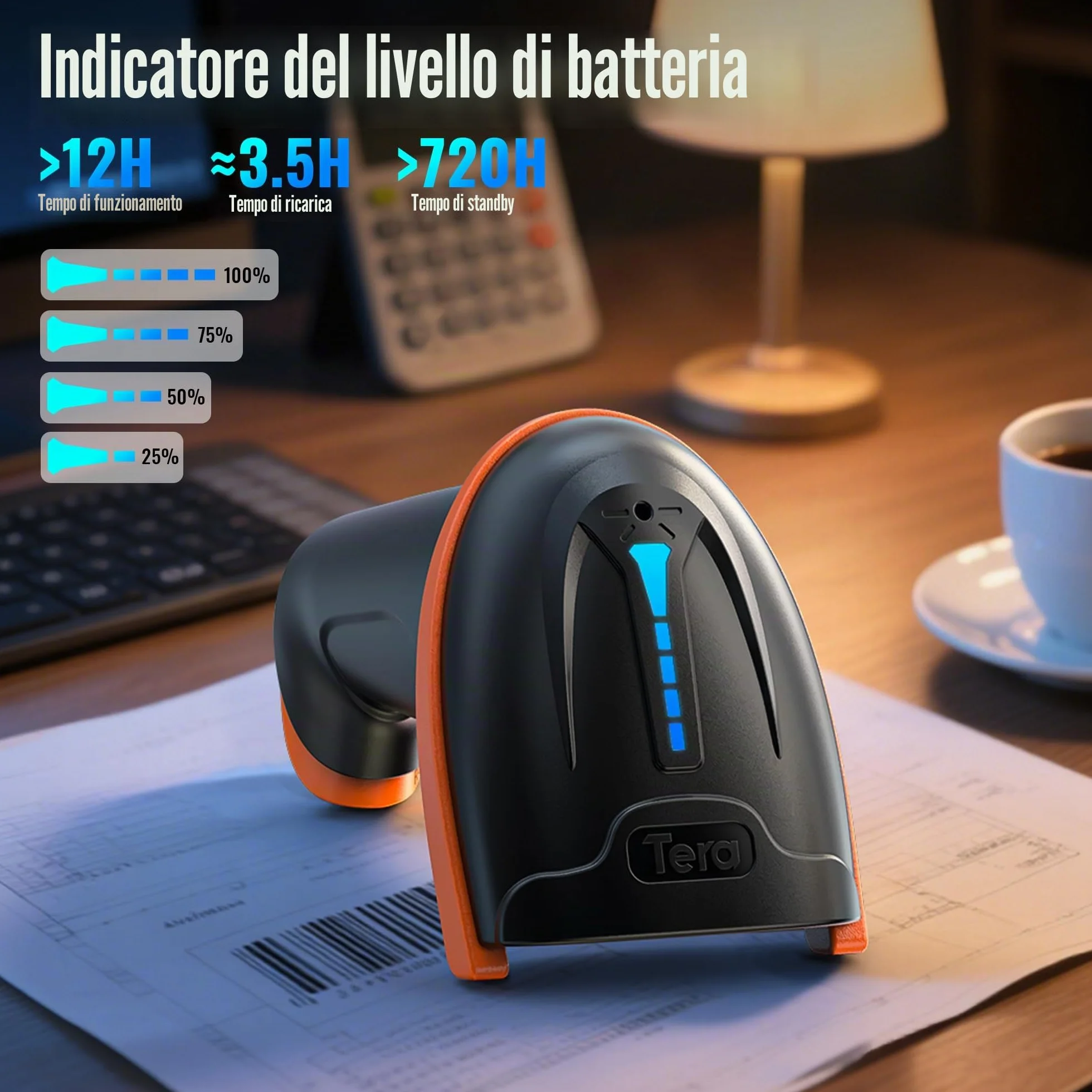 Tera Lettore di codici a barre 1D 2D QR senza fili 2,4 GHz + cavo USB 2,0, lettore di codici a barre con supporto, risoluzione 5 mil, portata 100 m, D5100.