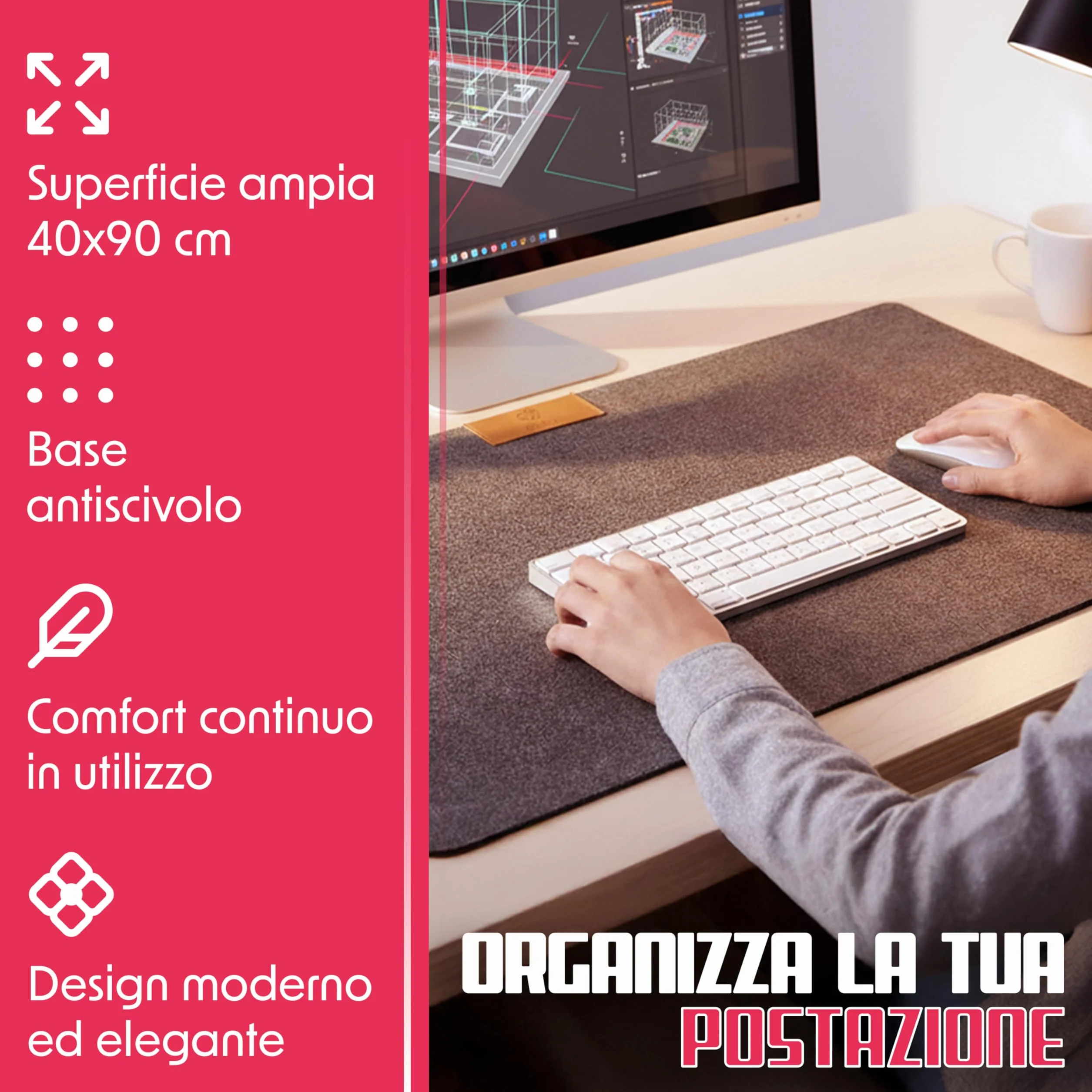 Tappetino Scrivania Extra Large in Feltro 90x40, Mouse Pad Gaming Antiscivolo per Tastiera e Mouse