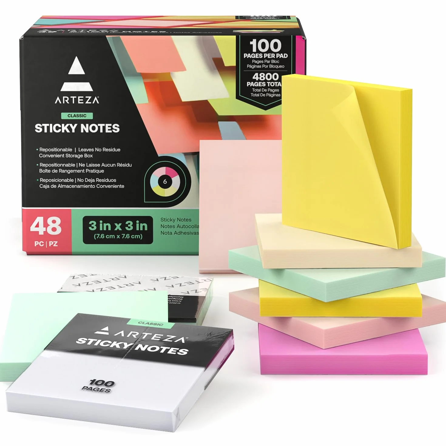 ARTEZA Foglietti adesivi da 7,6 x 7,6 cm, 48 blocchetti adesivi (100 pagine per blocco), blocchi di foglietti adesivi assortiti multicolore autoadesivi, per scuola e ufficio, blocchi appunti vuoti da