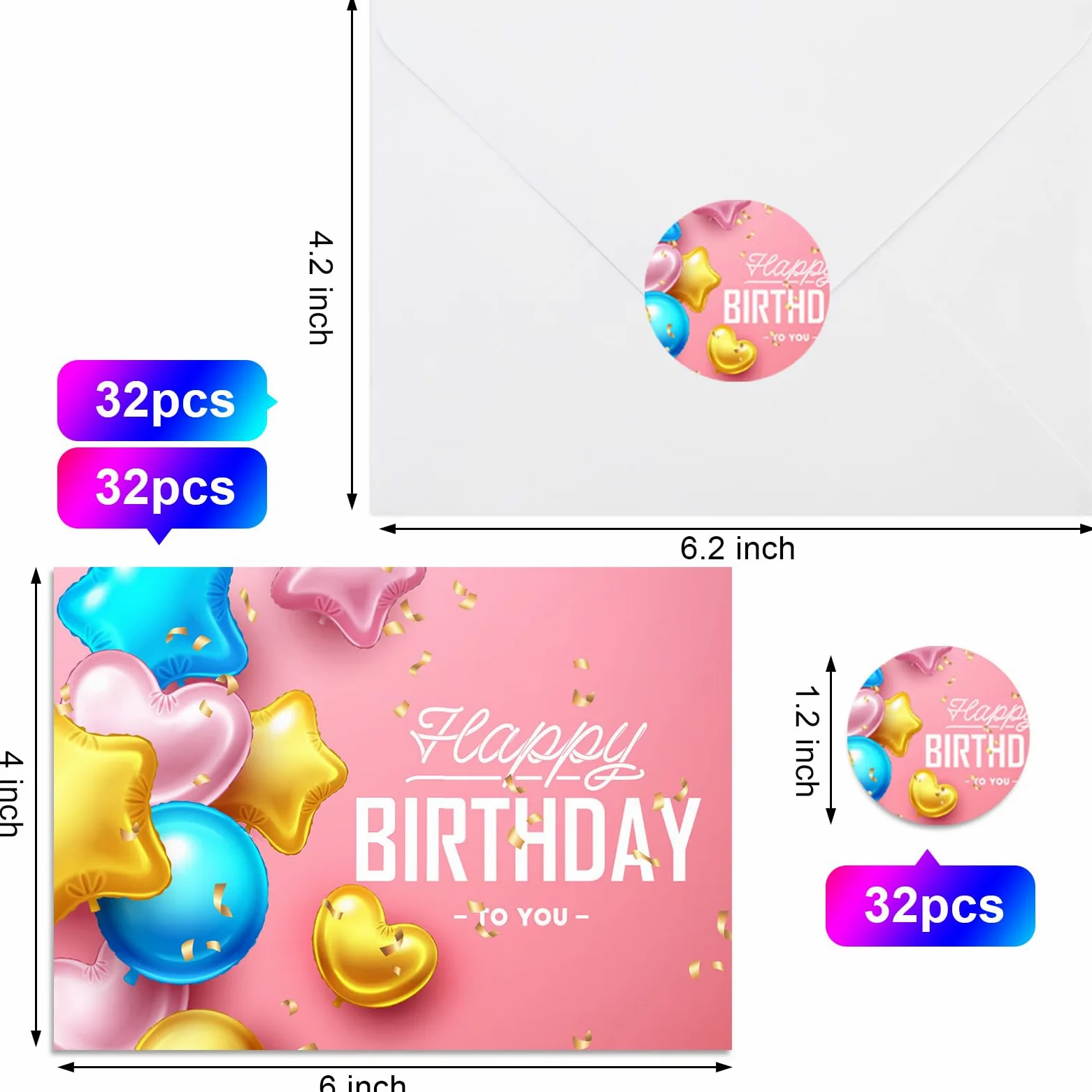 Joyberg 32 biglietti di auguri di compleanno e buste autosigillanti, 10,2 x 15,2 cm, multi-stile, biglietti di compleanno per bambini, per scuola, ufficio, famiglia,