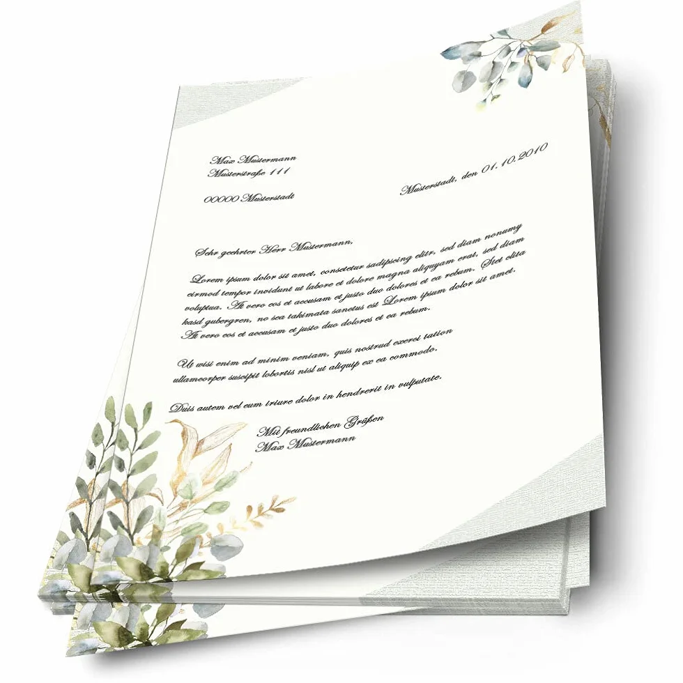 Carta da lettera decorata RAMI VERDI DIN A4 Fiori & Petali