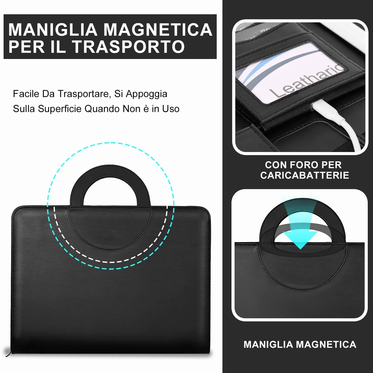 Leathario Cartella Portadocumenti A4 Pelle Vegana con Maniglia Quaderno Raccoglitore ad Anelli per Colloqui Viaggi Riunioni