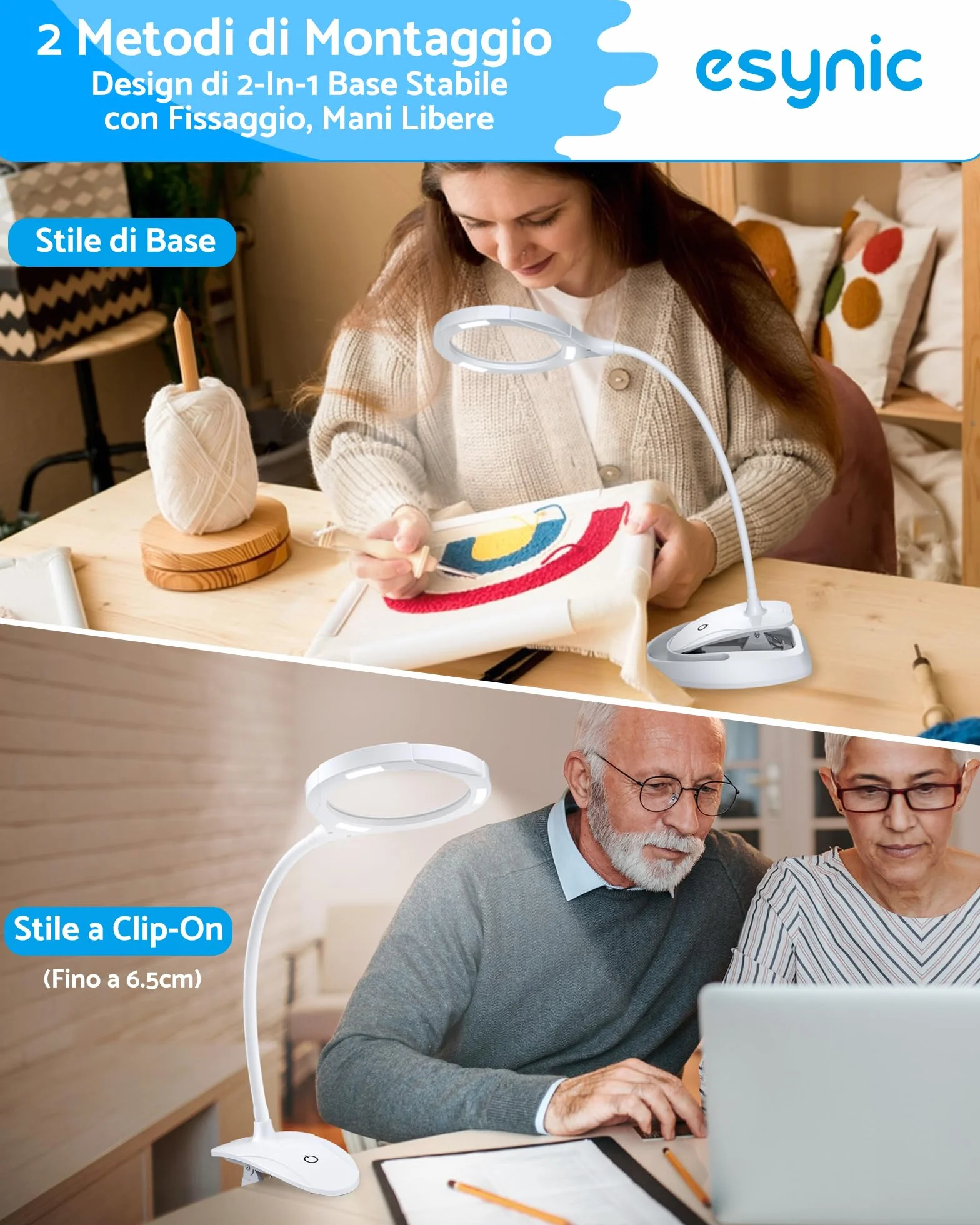 ESYNiC 2 in 1 Lente di Ingrandimento 5X 10X Lampada LED Ricaricabile con Morsetto da Tavolo Lente d'Ingrandimento Luce 15 LED 3 Luminosità Regolabile con Clip Collo Flessibile - Bianco