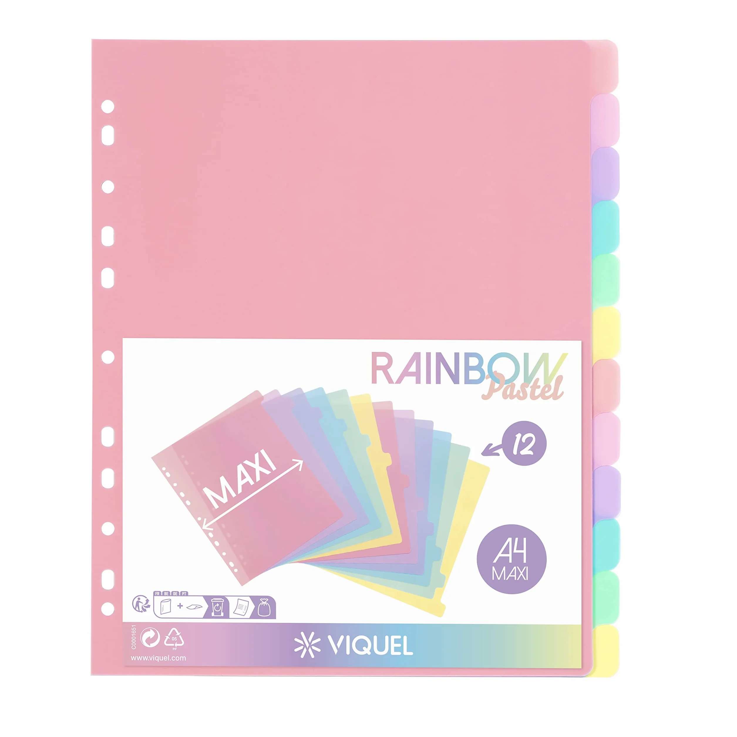 Viquel Set 12 divisori plastica Rainbow Pastel maxi 24,5x30,5cm per raccoglitore A4