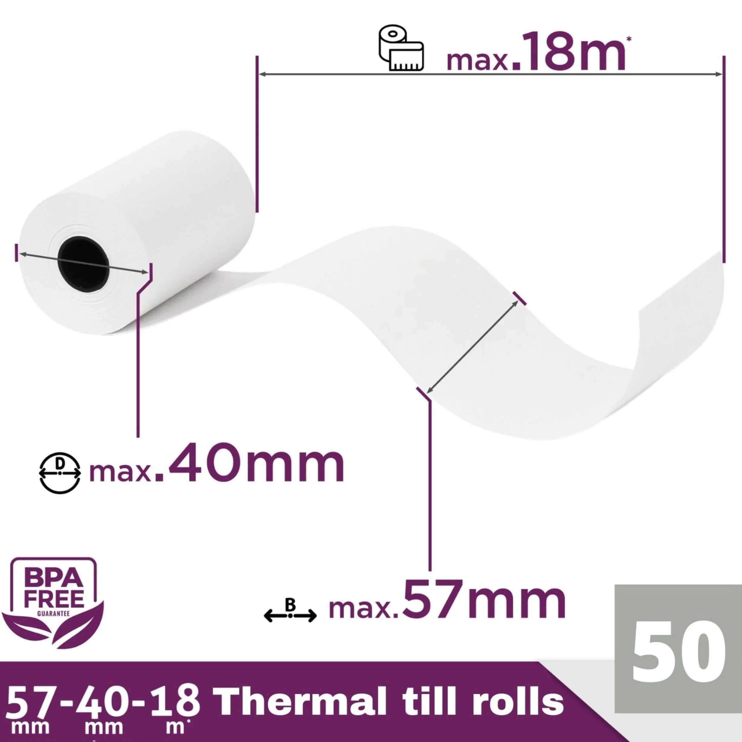 LYNNE - Rotoli POS 57x40x12 di carta termica per ricevute Bancomat - Rotolini compatibili con dispositivi POS - Rotolo 57mm x 18m x 12mm - [50x]