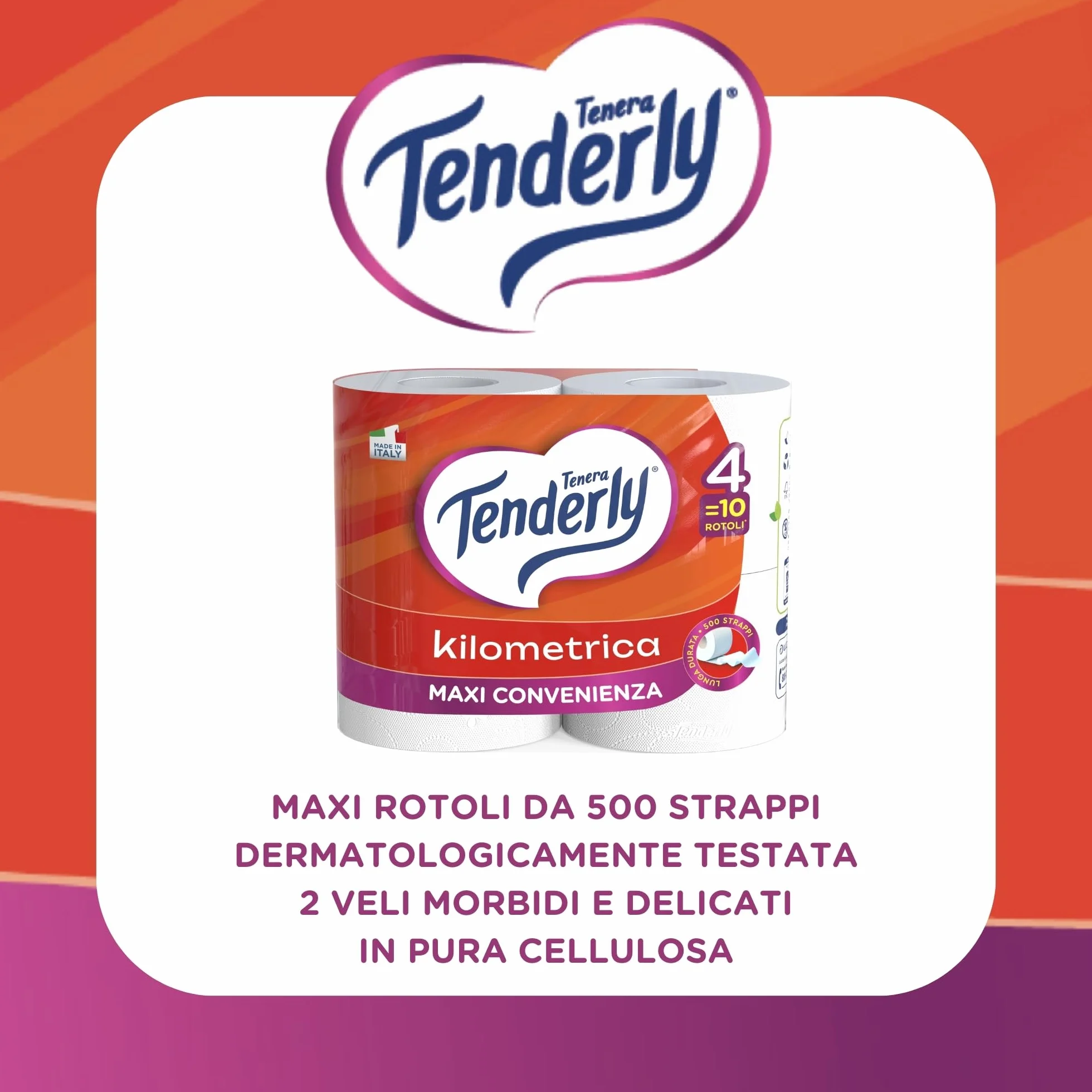 Tenderly Kilometrica, 60 Rotoli di Carta Igienica (15 conf. da 4 rotoli), 2 Veli, 500 Strappi per Rotolo, Dermatologicamente Testato, Made in Italy