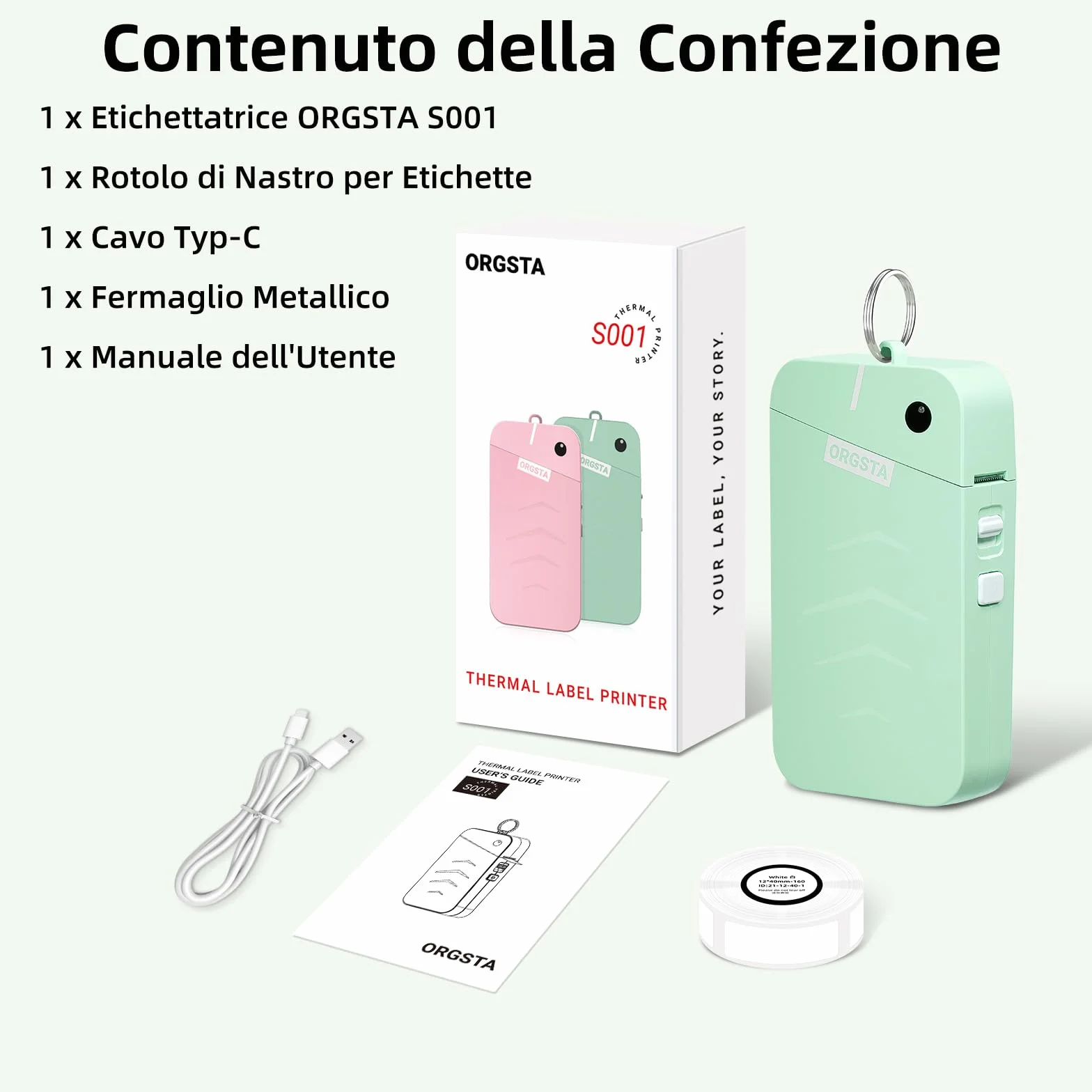 ORGSTA S001 Etichettatrice Bluetooth 2000mAh Mini Termica Portatile Stampante Etichette Adesive