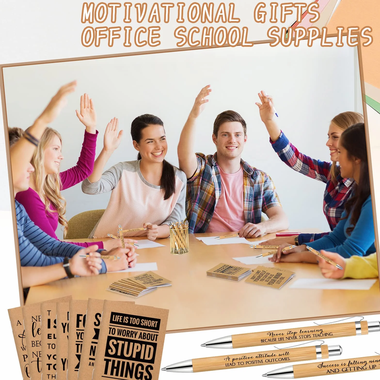 PerKoop 200 quaderni motivazionali in carta kraft, piccoli diari in bambù, penne ispiratrici per donne, uomini, ufficio, scuola, dipendenti, colleghi, insegnanti, volontari, regalo