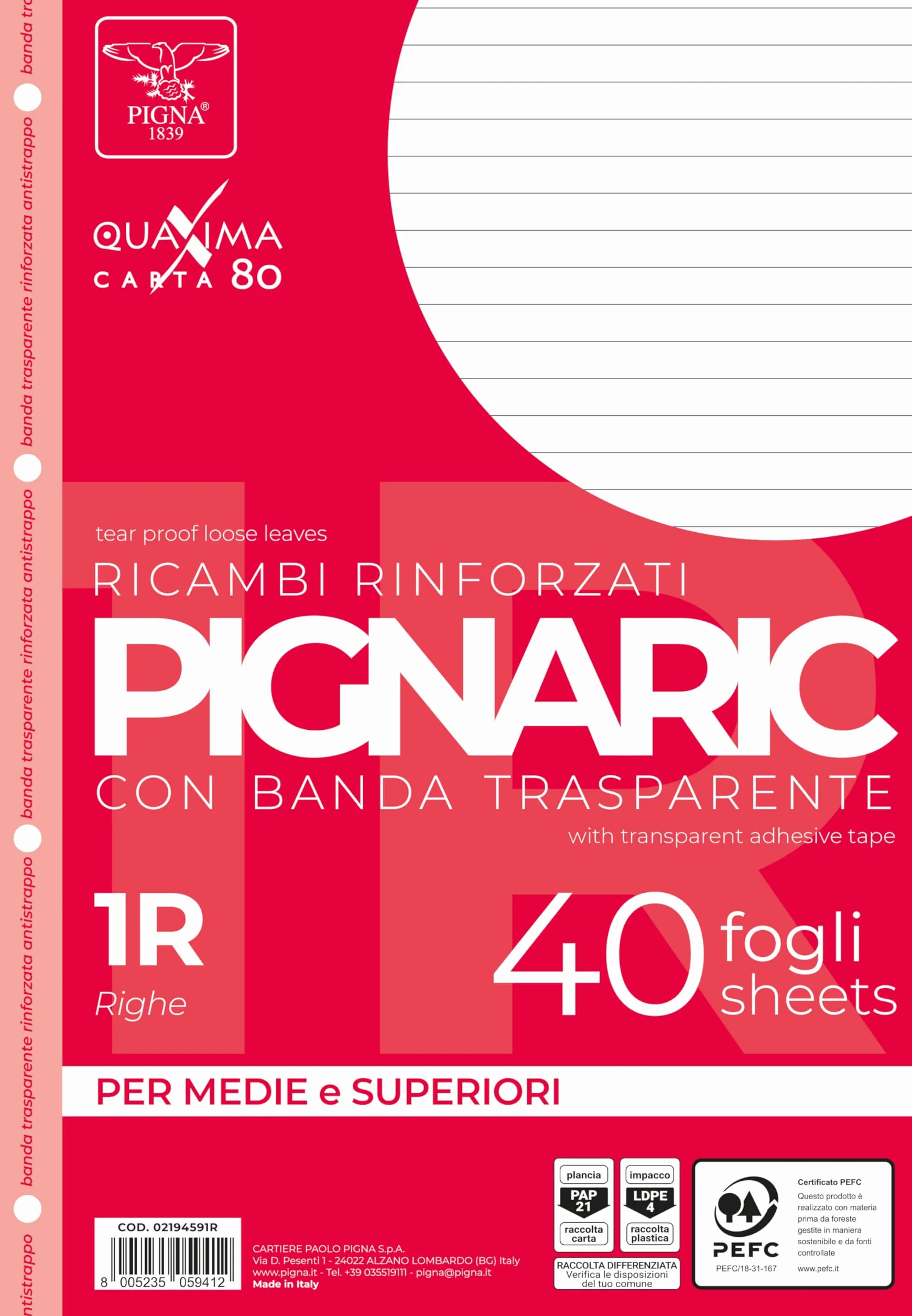 Pigna Fogli A4 21x29,7 1R Righe con 4 fori Ricambi Confezione da 40