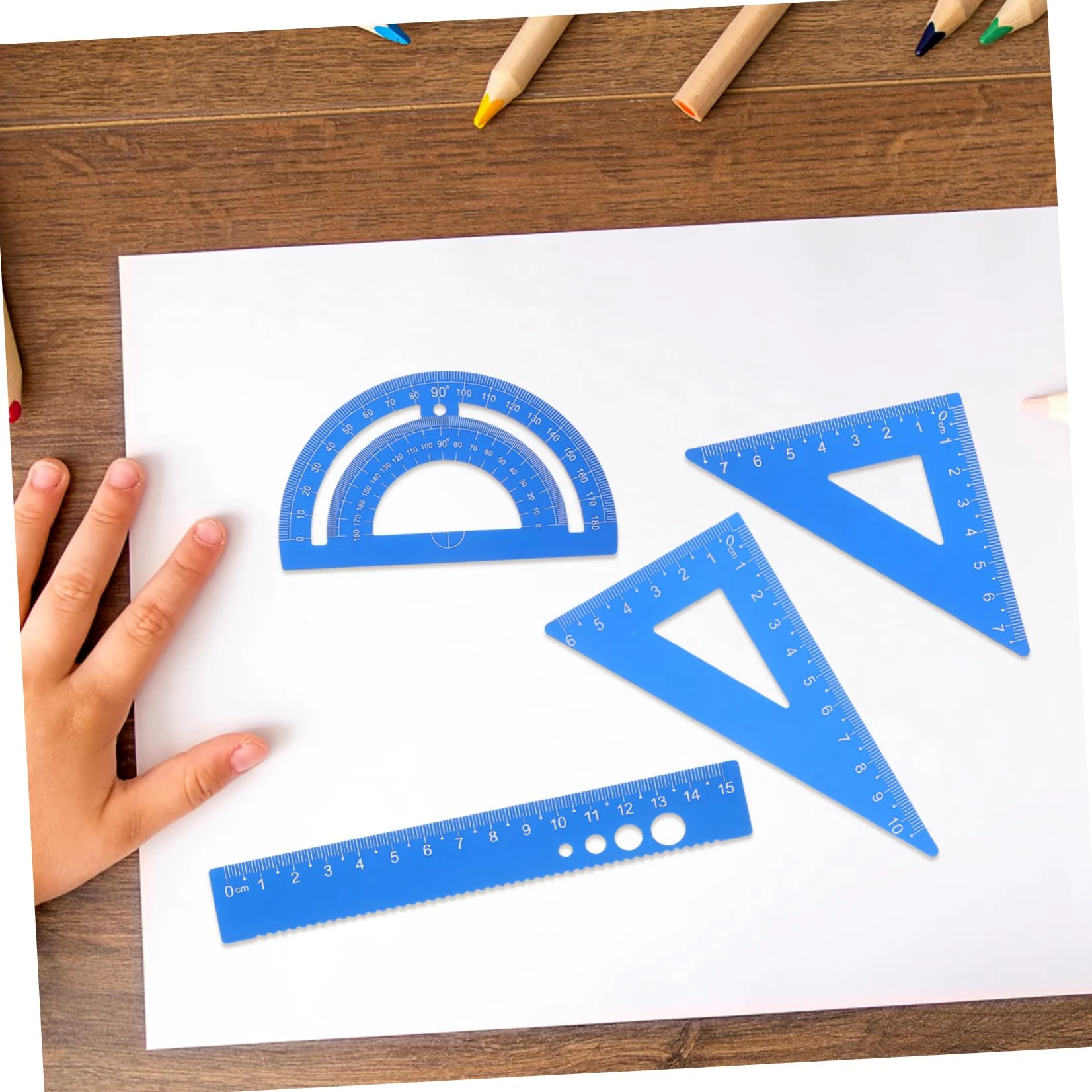 Angoily 5 Set Set di gust sovrano di precisione triangolo geometrico scuola classe fornitura di disegni di architettura righello triangolare da disegno professionale Lega di alluminio Blu